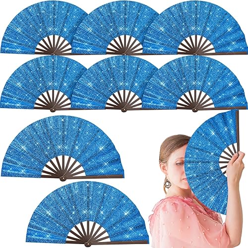 Miniatura 10 de Wenqik 9 piezas de decoración de abanico grande con purpurina plegable de bambú plegable plegable a mano ventilador chino de Kung Fu para regalos de