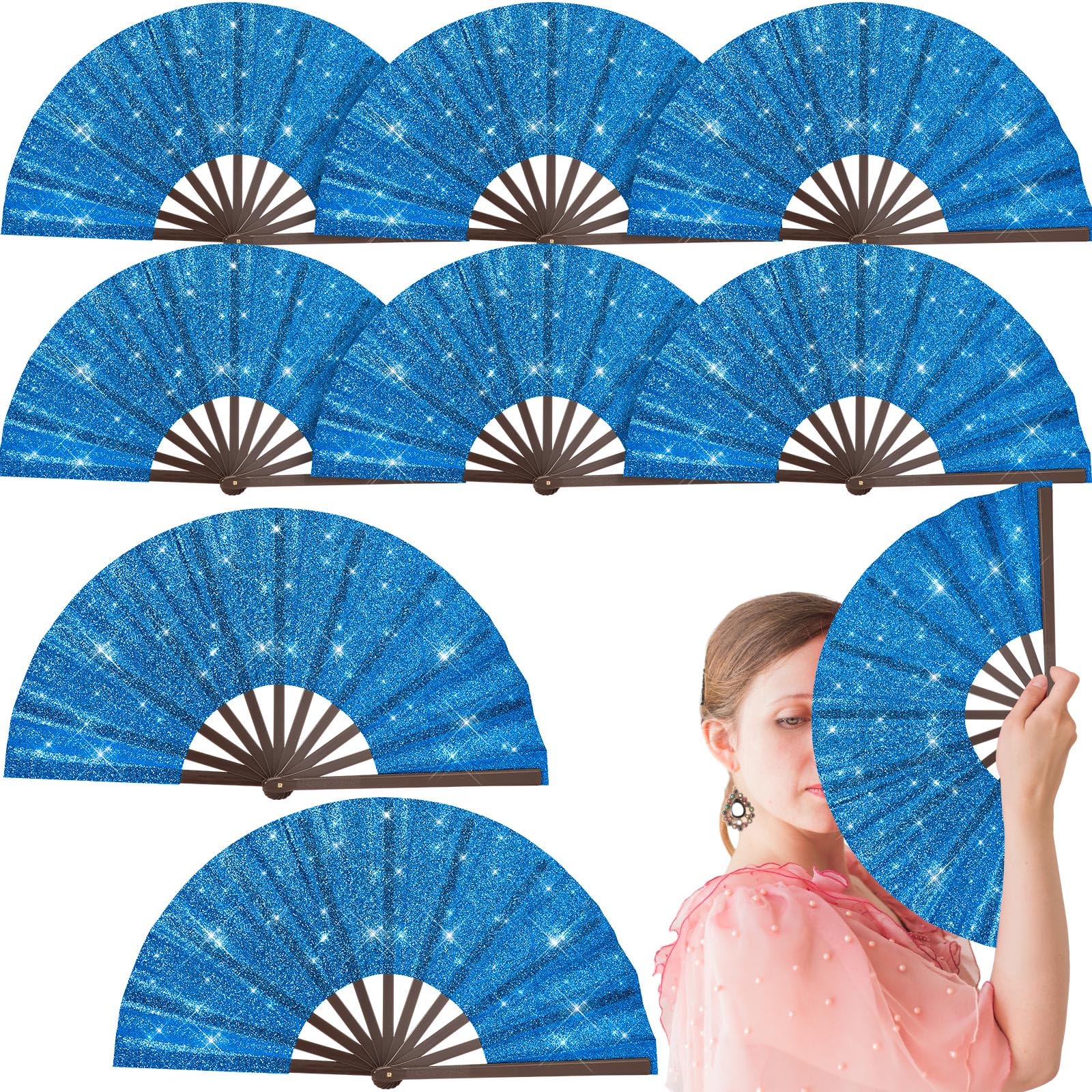 Wenqik 9 Pcs Large Glitter Rave Fan Decoration Foldable Bamboo Folding Hand Foldable Chinese Kung Fu Fan for Christmas Gifts Dance Club Festival Party