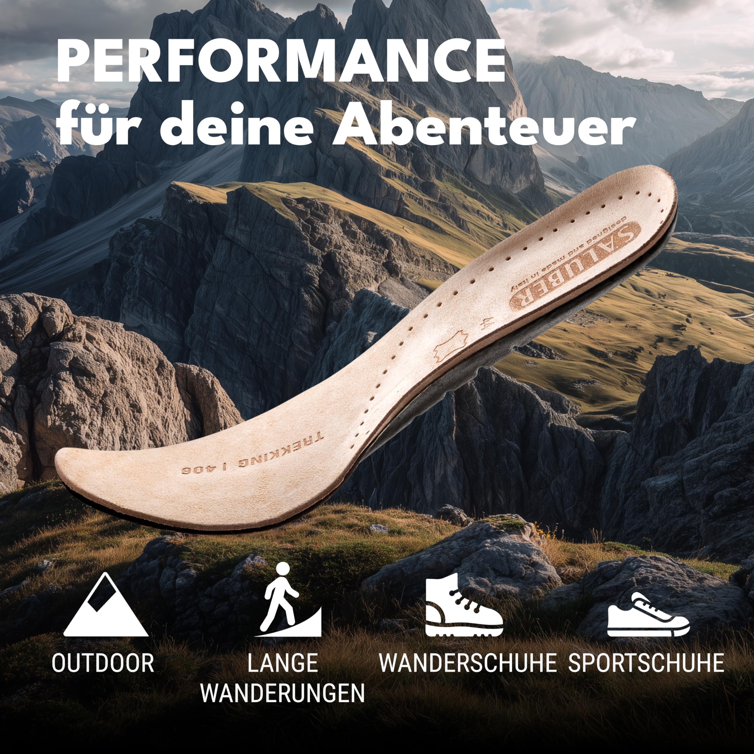 Saluber Einlegesohlen Herren & Damen Active 406 Gr. 39 | Echtleder für ein frisches Fußklima | dämpfende Einlegesohlen mit Poron+ Technologie | robuste Schuhsohlen Made in Italy