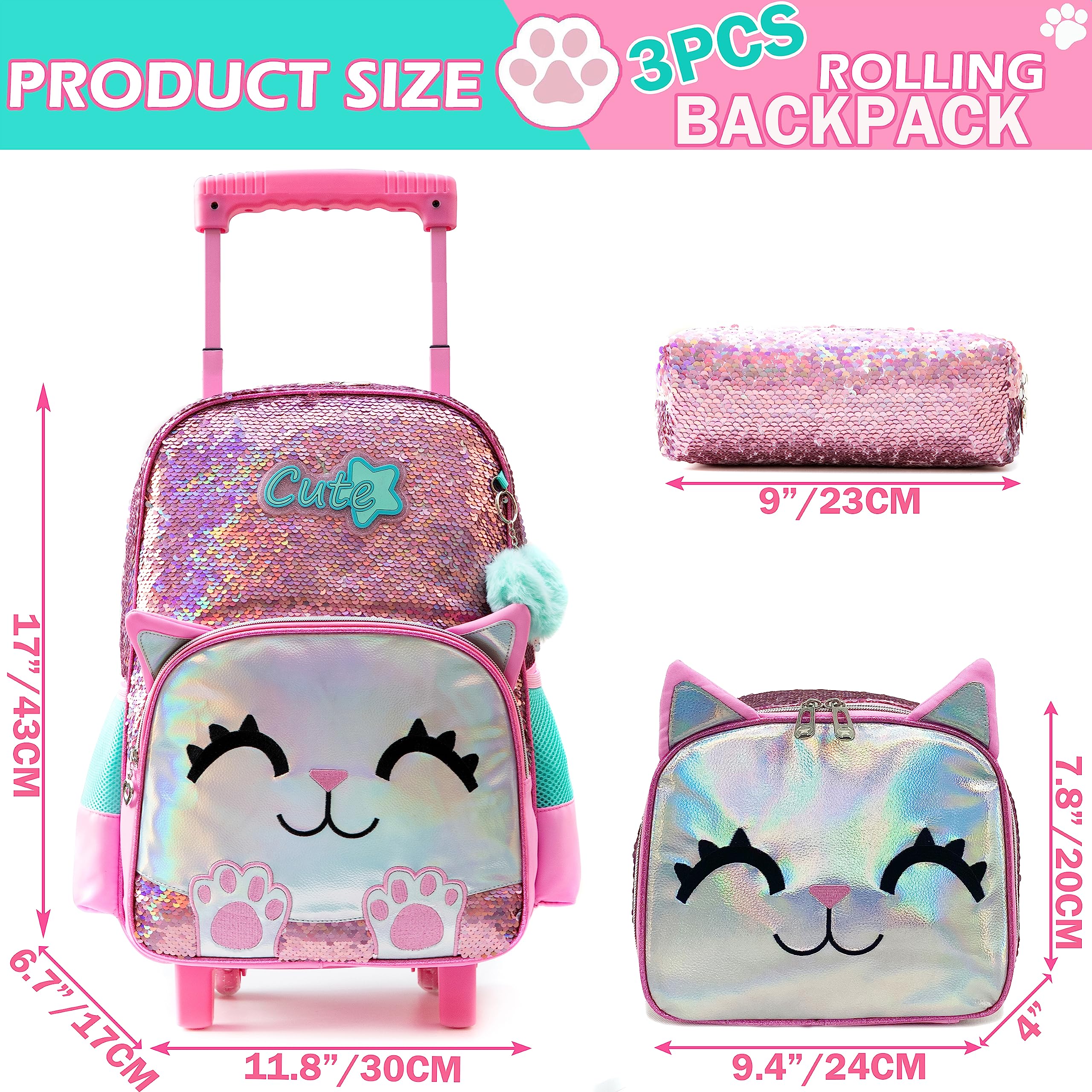Meetbelify Zaino mobile per ragazze zaino della scuola di gatto rosa carino con le ruote bambini Sequin rullo bagagli per gli studenti della scuola elementare pranzo per ragazze