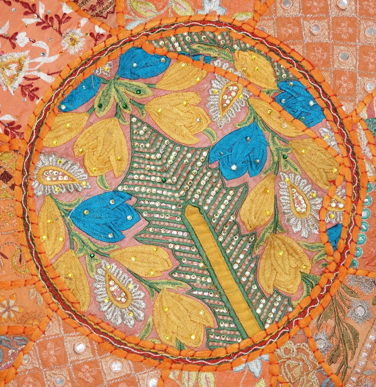 Sophia Art Round Floor Pillow Cover Patchwork Pouf Ottoman Vintage Indian Foot Stool Bean Bag Floor Pillow Cover Home Decor Living Room Ottoman Bohemain Pillows (Orange, 16 Inch)