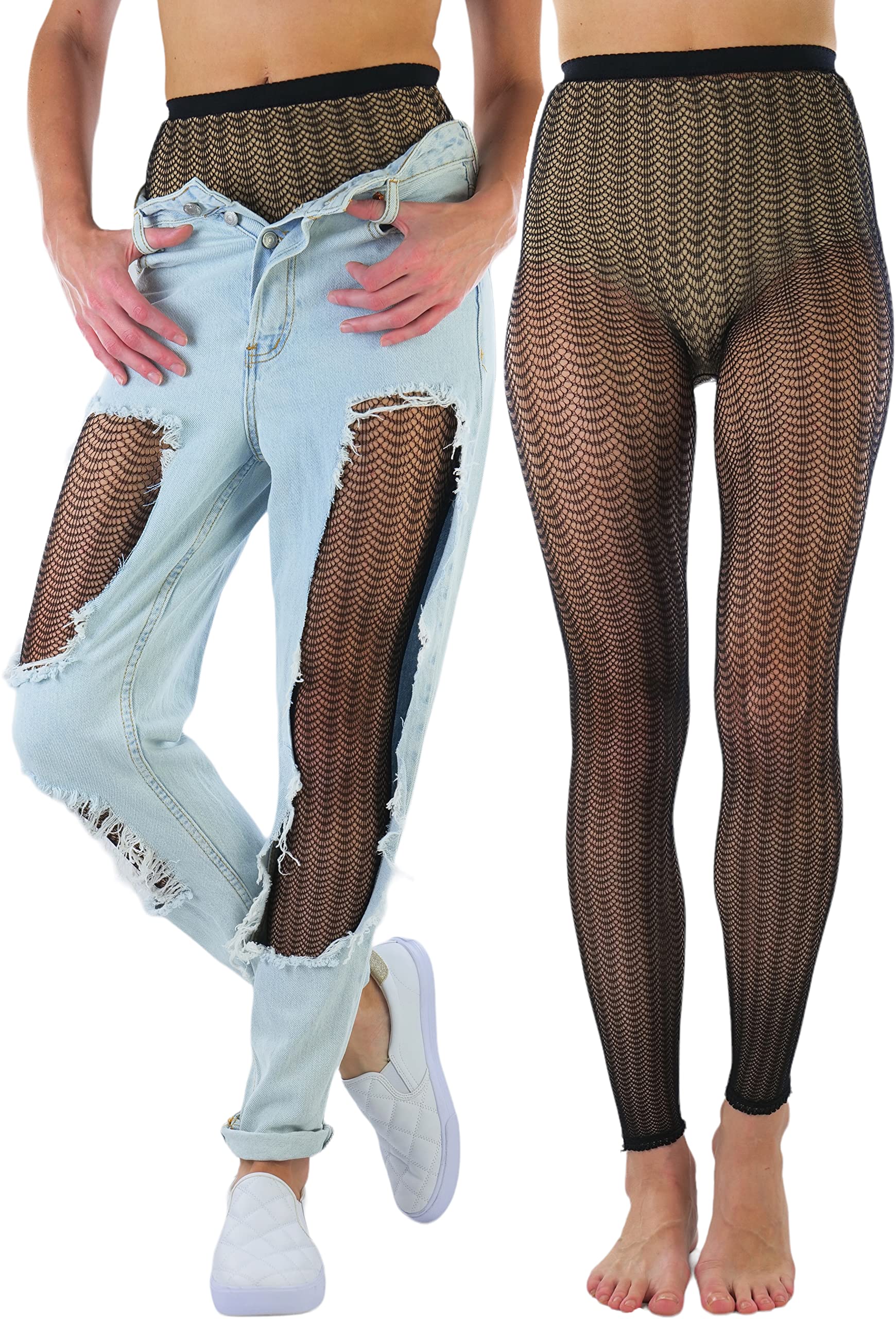 ToBeInStyle Women's Single Floral Lace Fishnet Tights Footless &amp; Stirrup Design