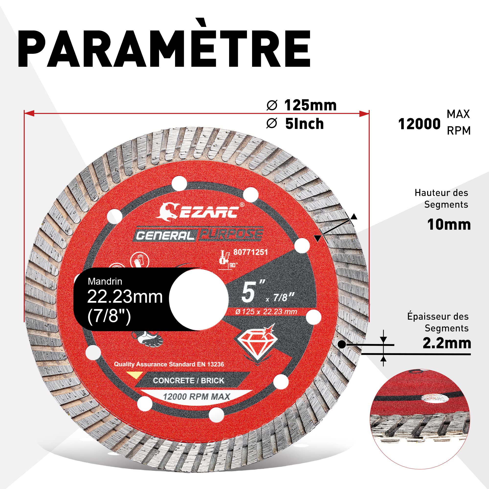 Disque Diamant - EZARC 125 mm Turbo Disque à tronçonner Diamanté, Coupe rapide et Lisse sur Granit, Marbre, Béton, Brique(Lot de 2)