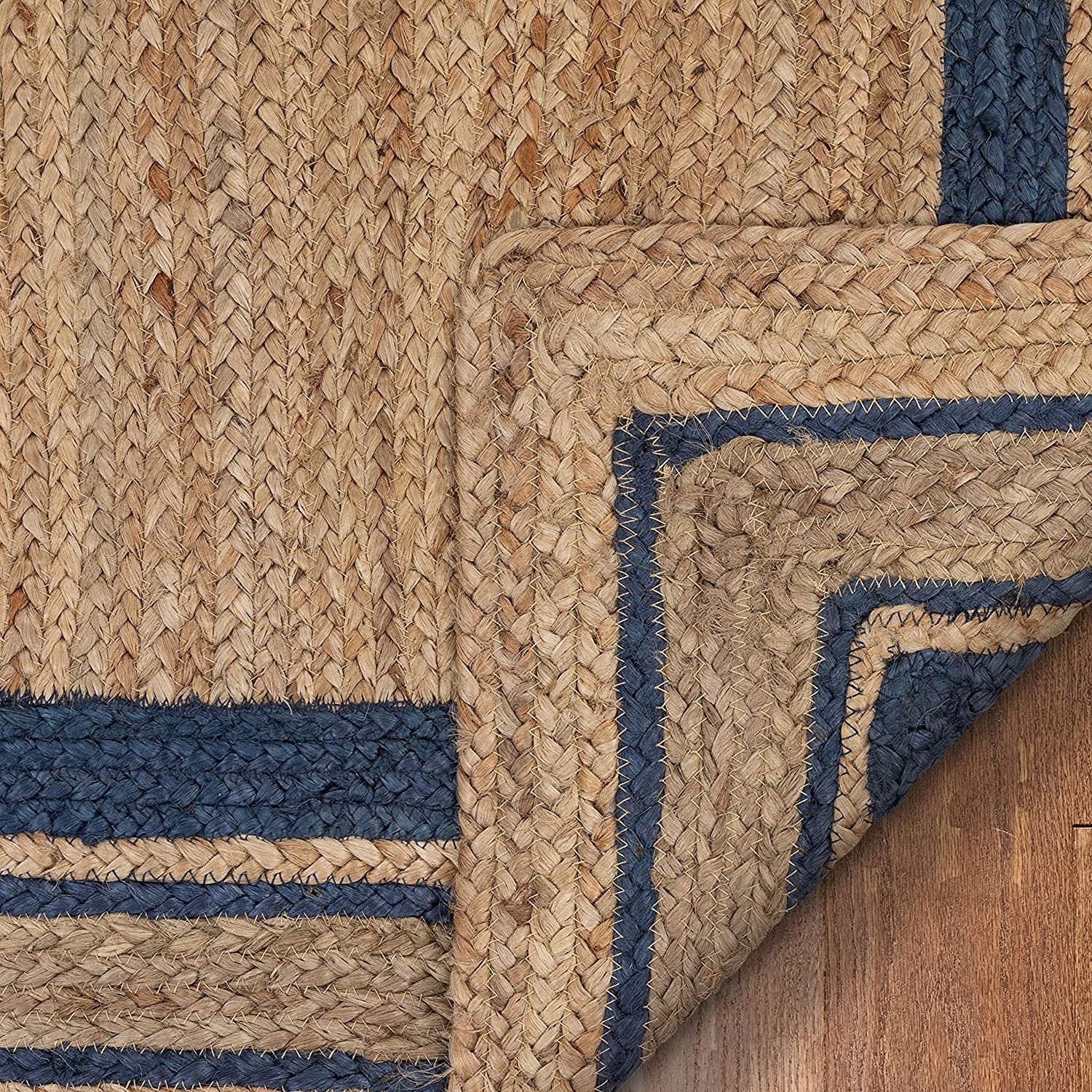 Ripaz Tapis carré tissé à la Main avec Ligne Bleue en Jute Naturelle tressée pour Salon (150 x 150 cm)
