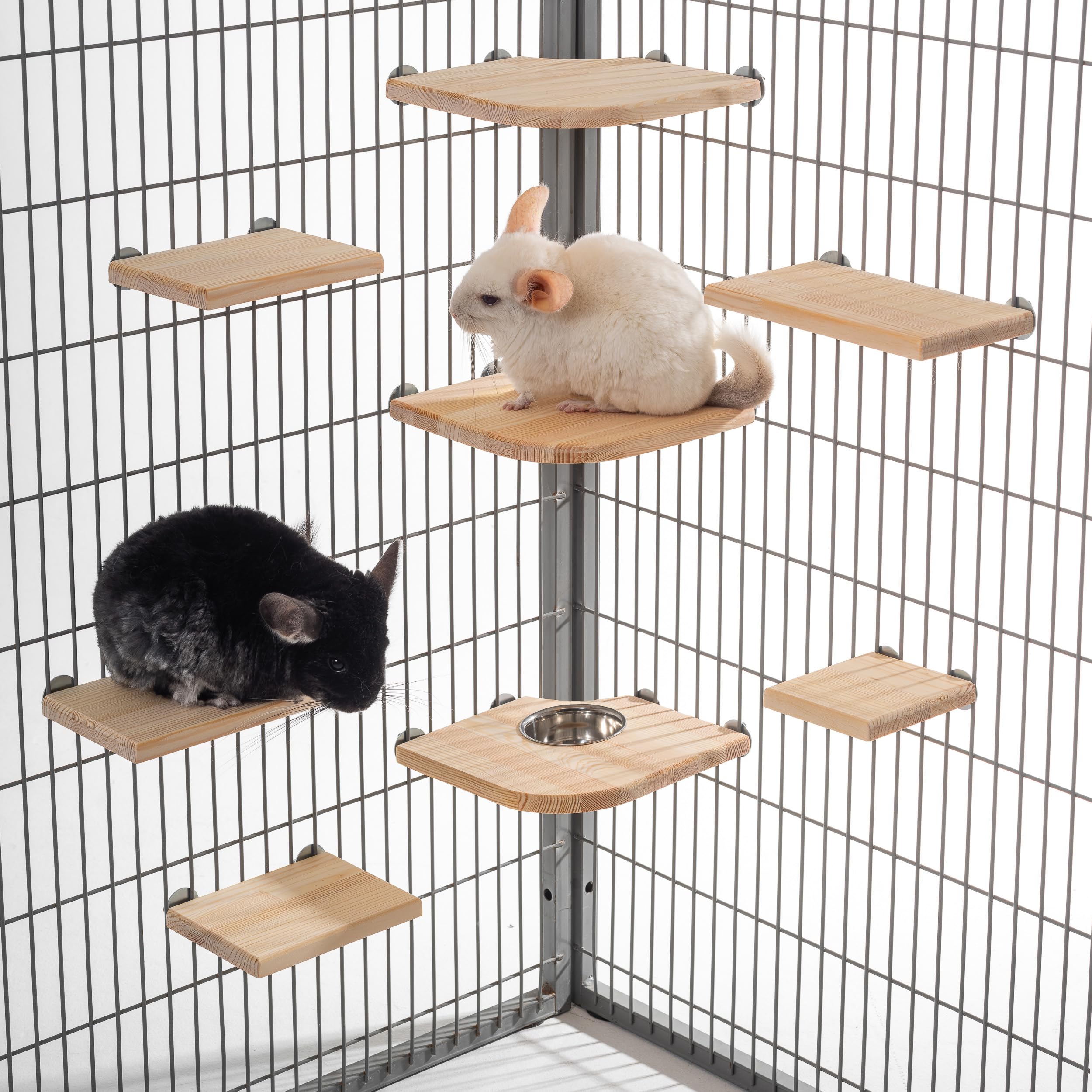 Haustier-Plattform-Set aus Holz mit Schale, 8 Ledges für Chinchilla-Käfig, Kiefer natur