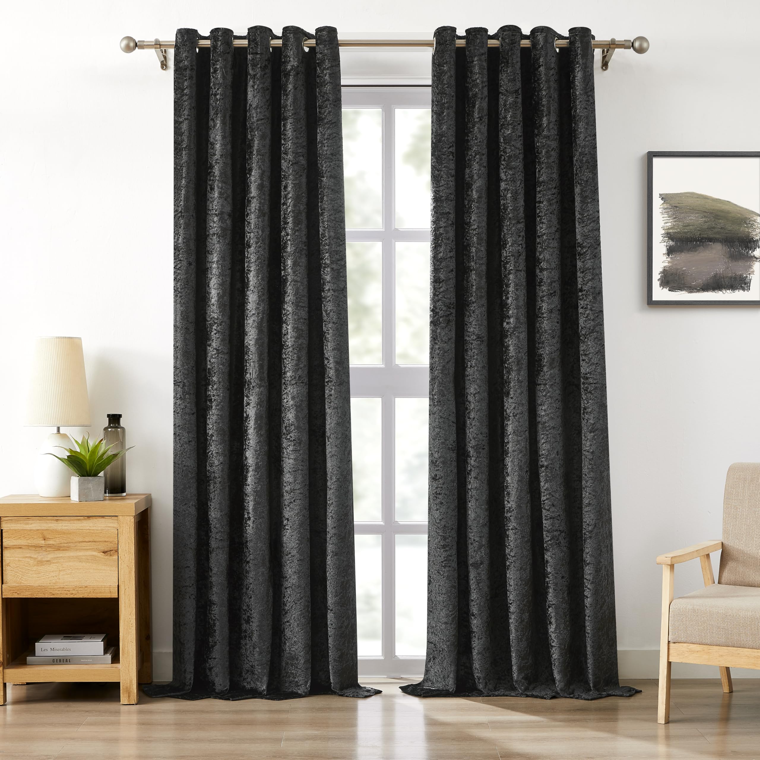 Bujasso Black Full Blackout Velvet Curtains 54 inch 2 Panels Eyelet Thermal Insulated Blackout Lining Drapes for Living Room Crushed Velvet Room Darkening Curtains Grommet Top W66xL54 - Image 2