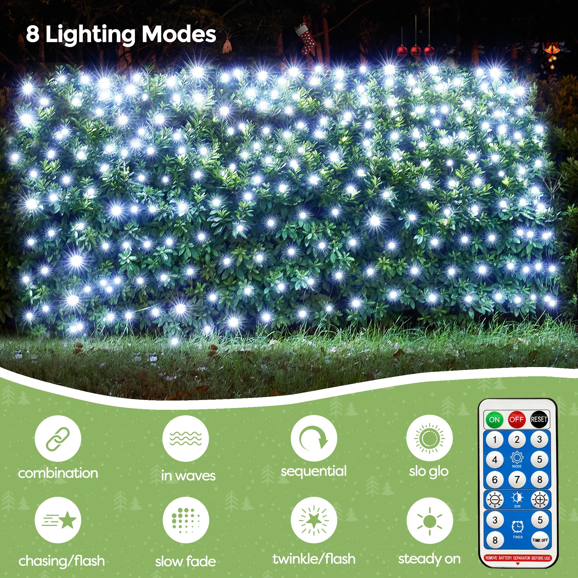 Luci natalizie a energia solare, 360 LED, 3,5 m x 2,1 m, bianco freddo, luci natalizie con telecomando, 8 modalità, timer, impermeabile e robusto, filo verde scuro per prato, cespugli, alberi,