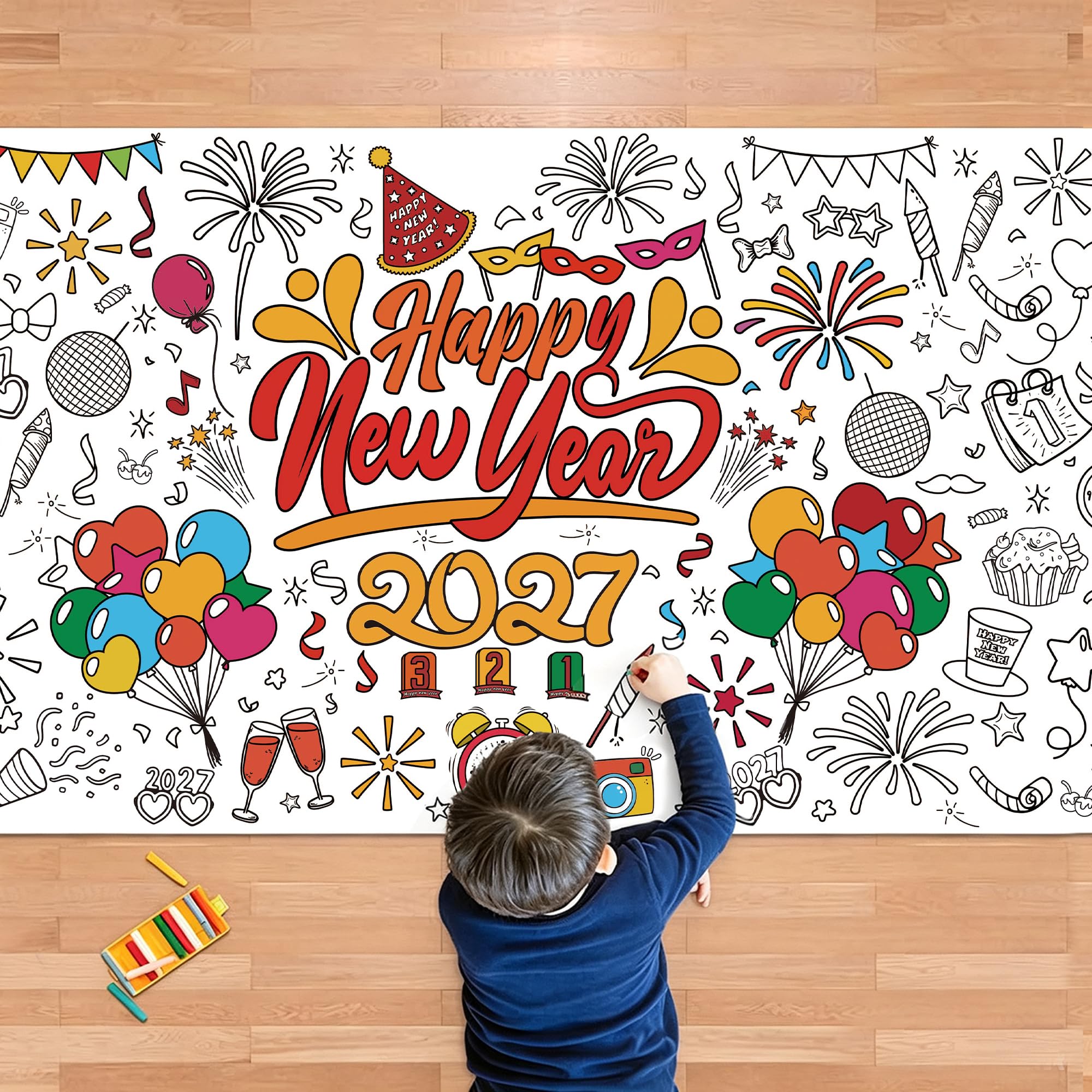 OHOME Happy New Year Giant Coloring Poster/Tablecloth - New Years Decorations 2027-30 x 72 Inches Jumbo Coloring Banner Kids Crafts Activities Party Decorations | New Years Eve Party Supplies