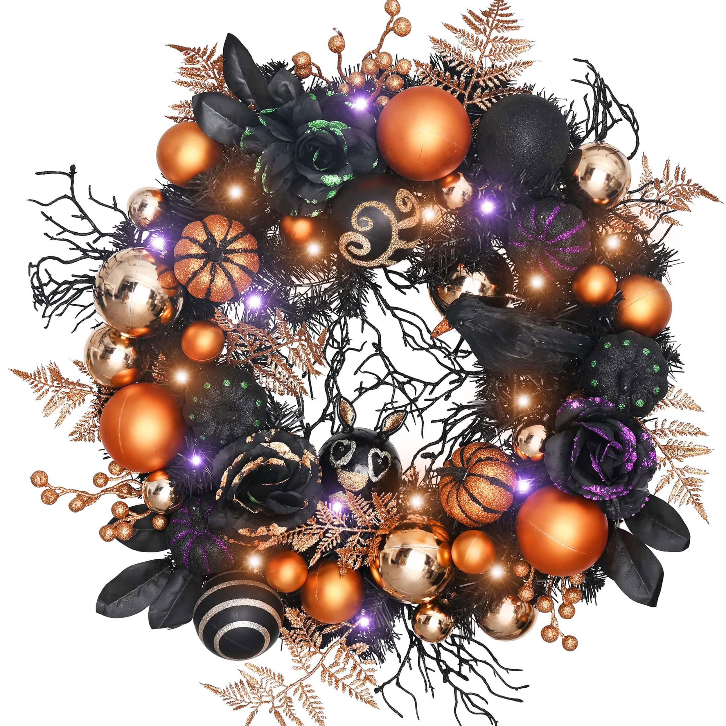 Valery Madelyn 26 Inch Halloween Wreath with Lights for Front Door, Collapsible Pre-Lit Wreath with Fake Crow Pumpkin Halloween Decorations for Home