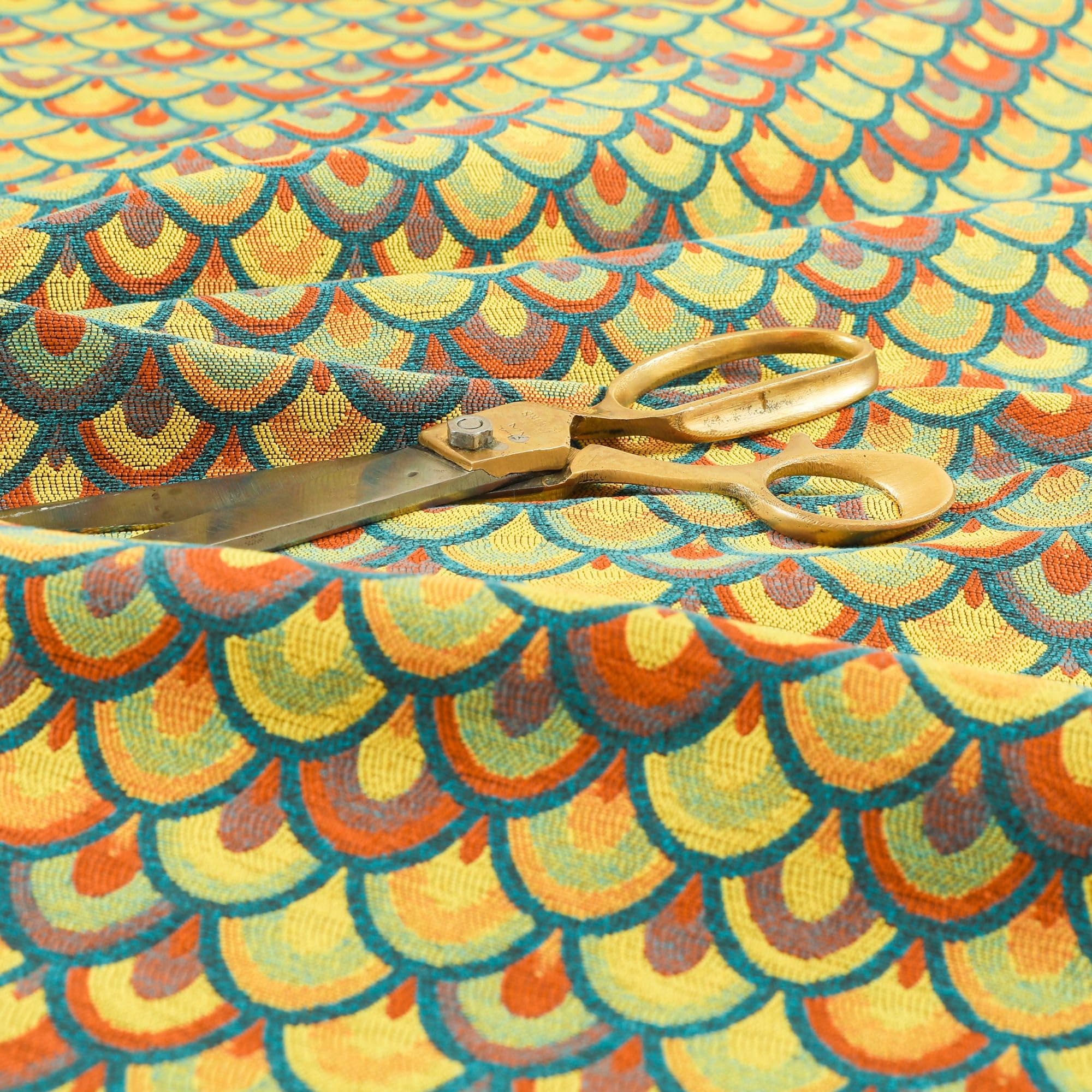 Redbrick Mill Fabrics Lightweight Medallion Peacock Pattern Yellow Teal Upholstery Furnishing Fabric (10cm x 8cm Sample)