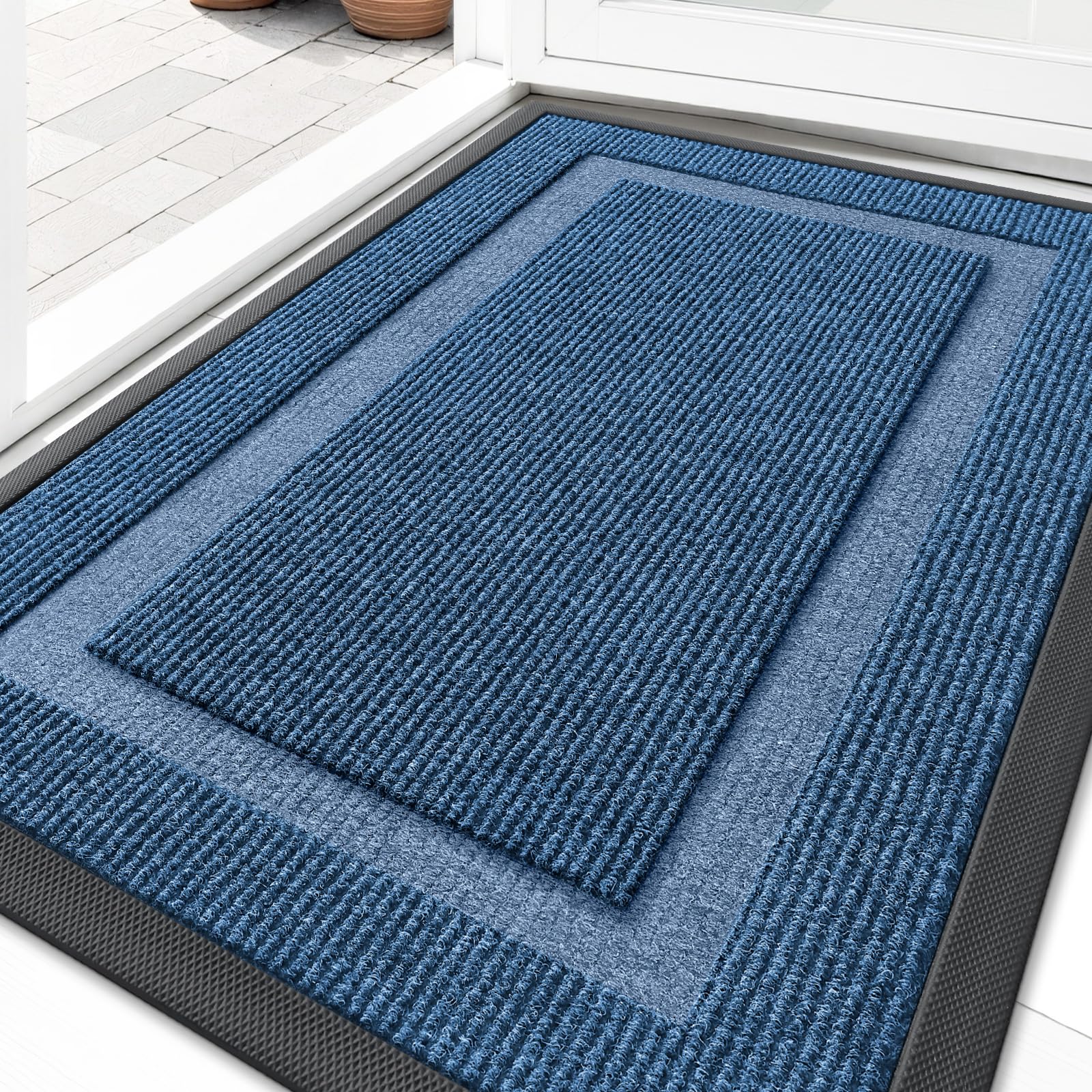 OLANLY Front Door Mat Outside 29.5x17, All-Season Heavy-Duty Rubber Doormat | Light Blue, Absorbent, Stain Fade Resistant, Waterproof Non-Slip Backing, Low-Profile Indoor Outdoor Floor Mat for Entryway