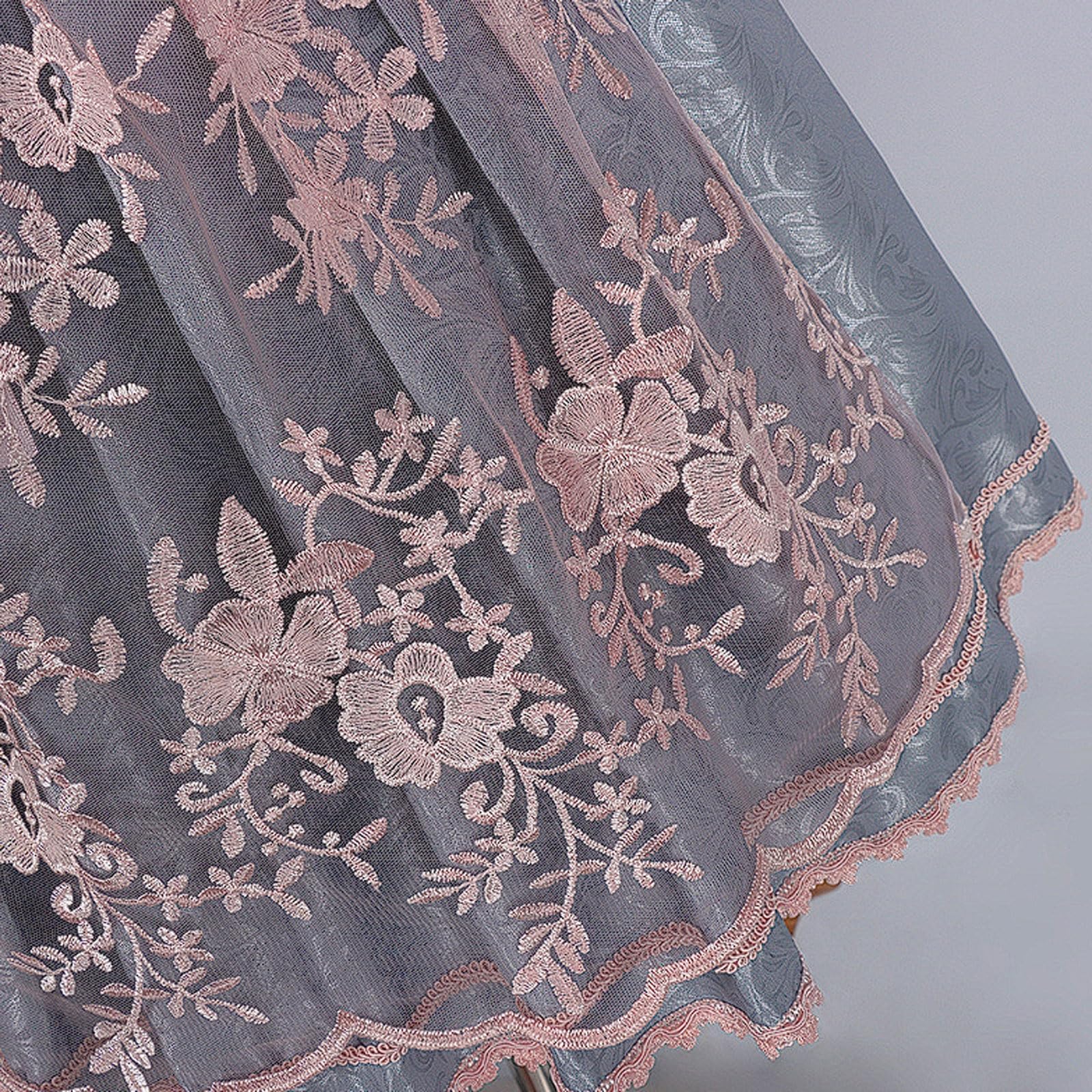 esmen Elegante Abito da Cameriera in Jacquard Scuro con Cerniera Laterale, Abito da Lavoro da Bar Grigio-Argento con Grembiule in Rete Rosa e Colletto in Pizzo