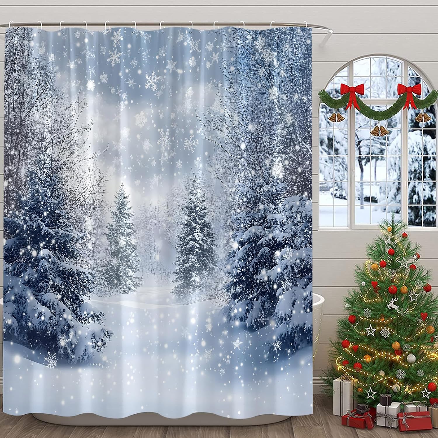 Winter Shower Curtain Snowy Covered Forest Pine Tree Snowflake Xmas Natural Scene Seasonal 70" Wx84 H Fabric Bathroom Decor Curtain with Hooks