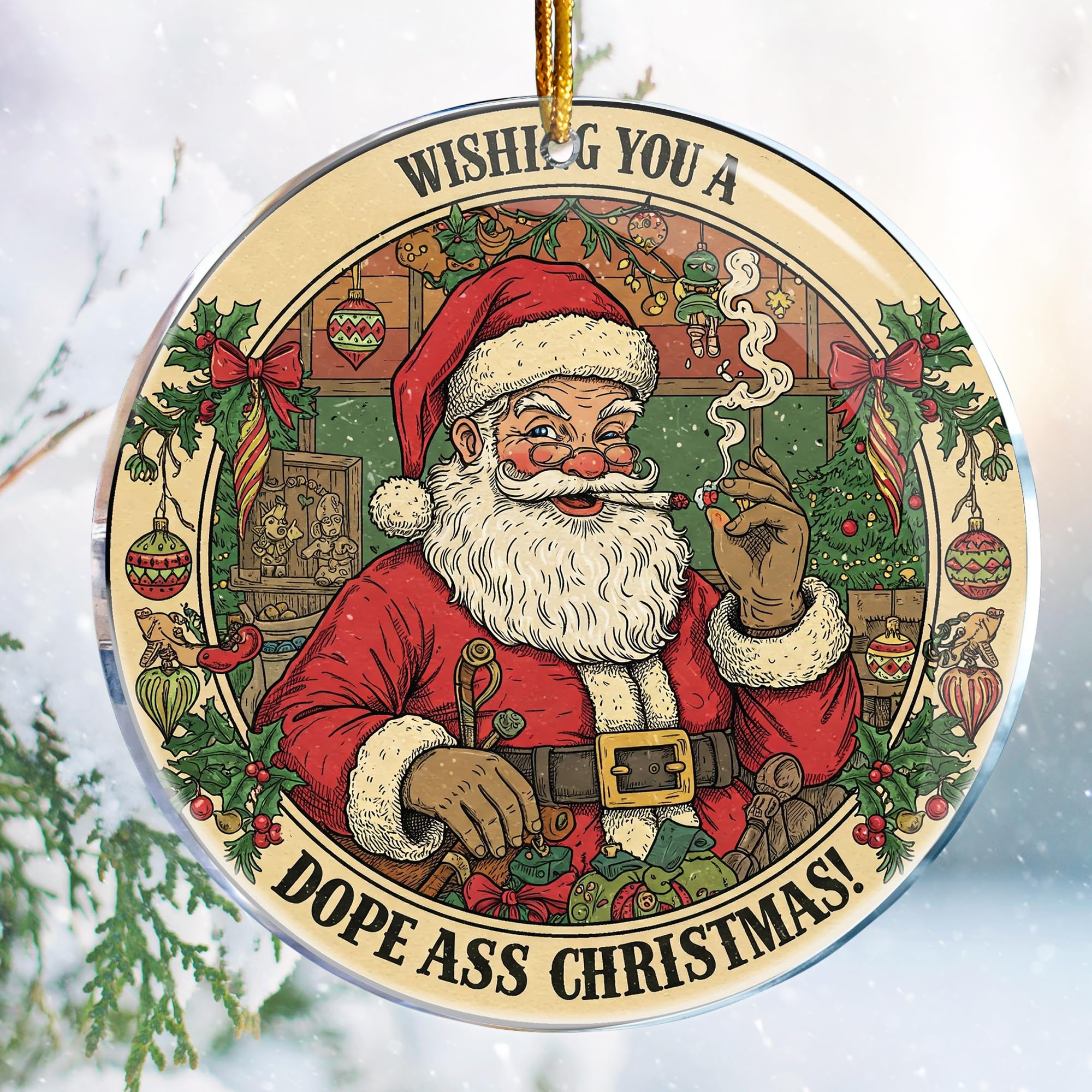 Christmas Ornaments Decorations - 3.6 in Acrylic Two Sided Printing (Wishing You a dope Ass Christmas 3 - Santa Smoking Weed Cannabis Friend Gifts Hilarious Adult Naughty Funny)