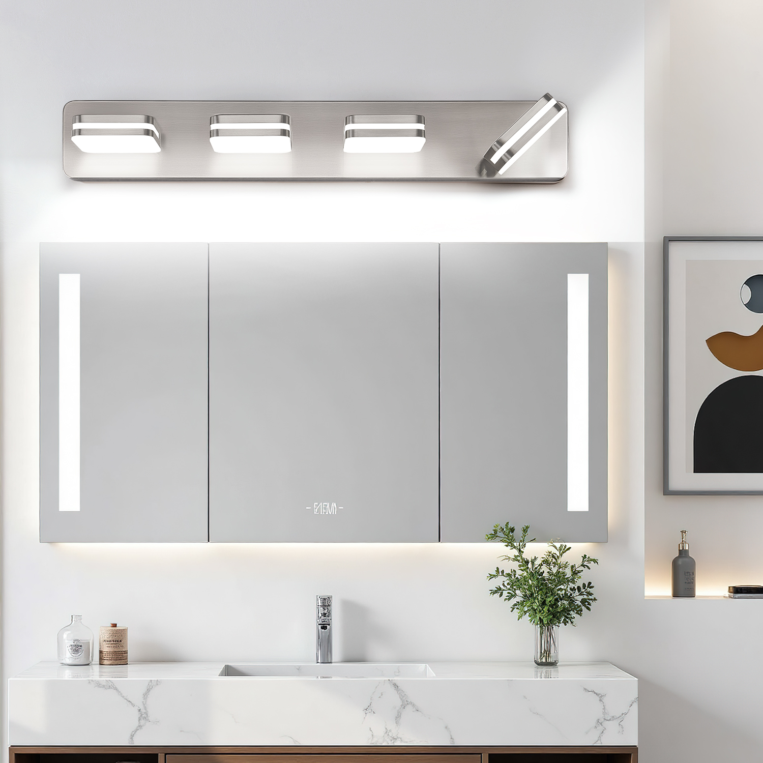 Image of Torondo 360 Rotate LED Bathroom Vanity Light Fixtures, Acrylic Vanity Lights for Bathroom, Modern Wall Lighting Fixtures Over Mirror Living, Brushed Nickel, 100%-0% Natural White, 4-Light, 27-Inch