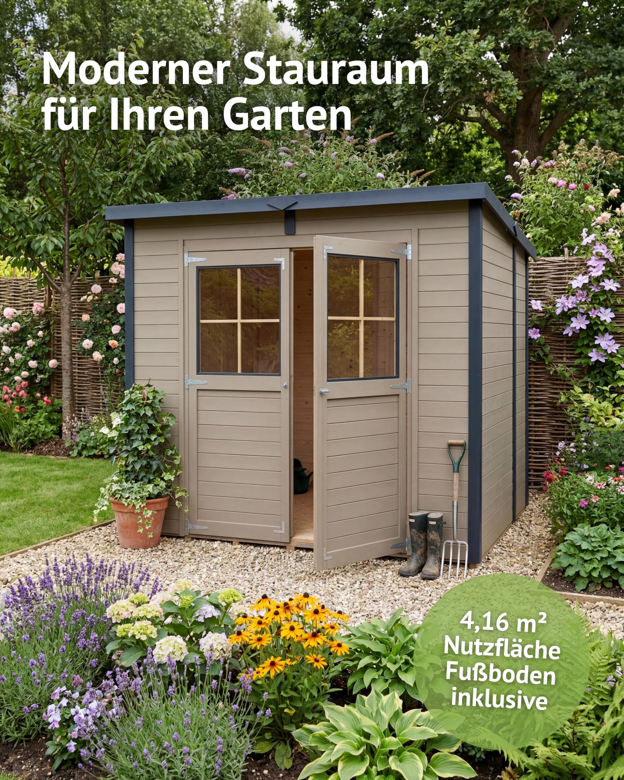 Steiner Shopping Gartenhaus Ense 03 | 12 mm Elementgartenhaus aus nordischer Fichte I Außenmaß 252 x 200 cm I Mit Fußboden & Pultdach