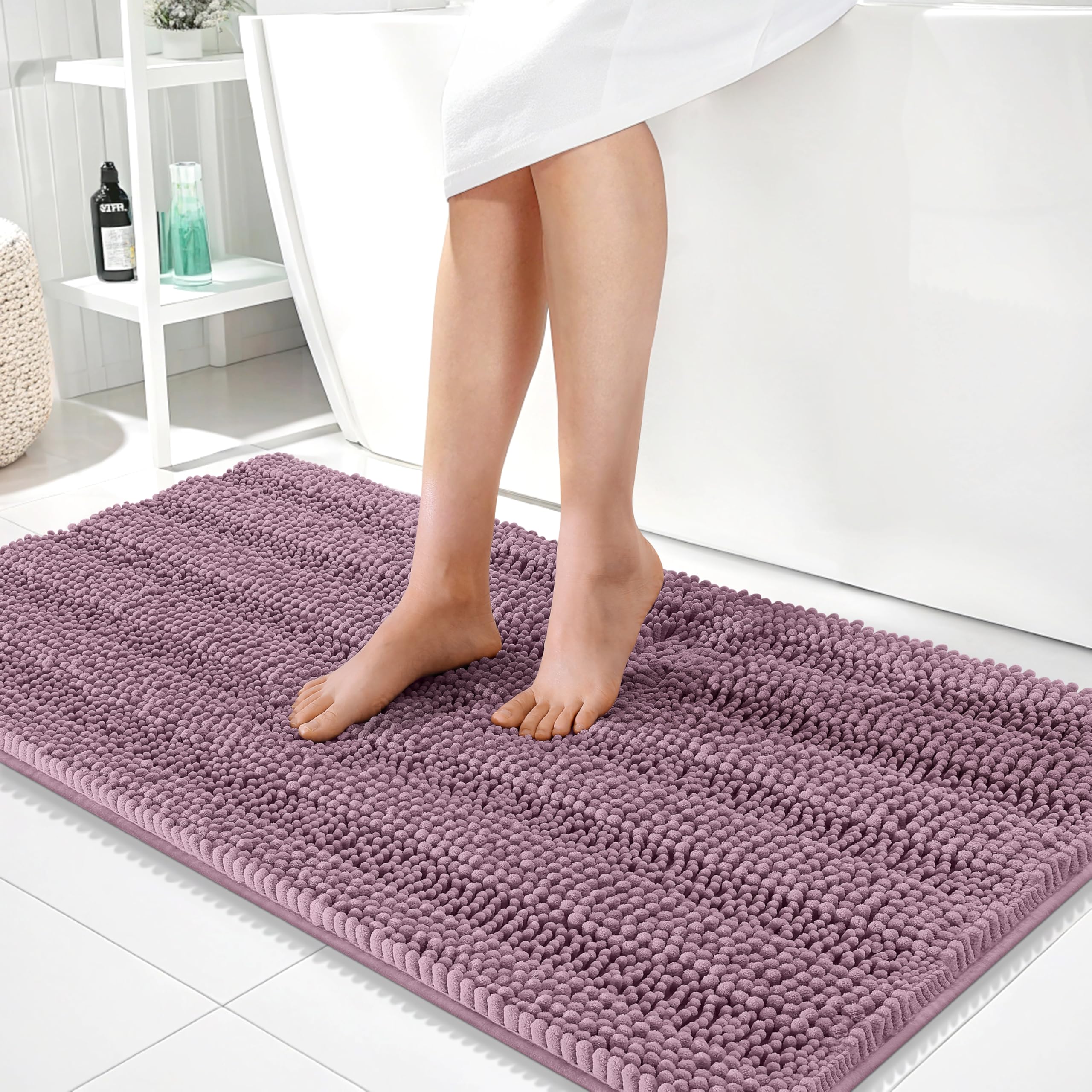 OLANLY Thick Bathroom Runner Rugs 44x24, Soft Chenille Bath Rugs, Deep Plum