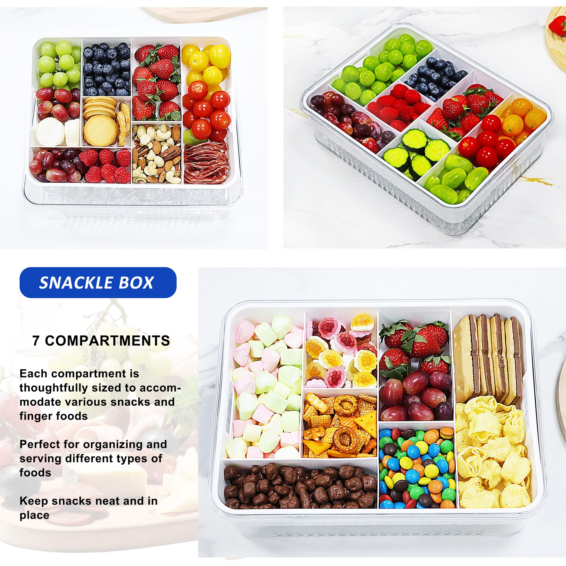 Snackle Box Container,Chilled Divided Serving Tray With Lid And Handle,Snack Organizer For Fruits, Veggies,Candy,Charcuterie,Ice Serving Platter with 7 Compartments For Travel,Party,Keep Food Cold