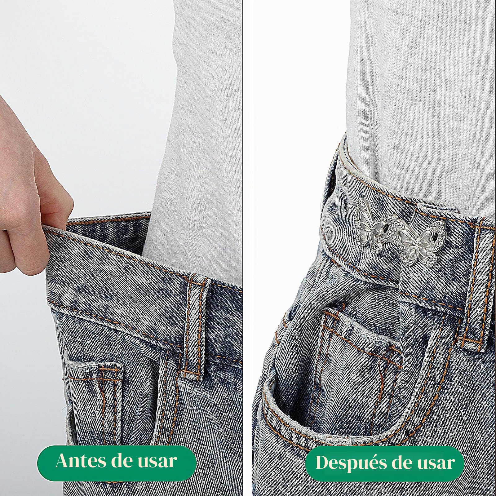 Andibro Juego de 4 tensores de cintura ajustables, hebillas de cintura desmontables, botones de ajuste para pantalones, jeans, faldas, mangas, plateado