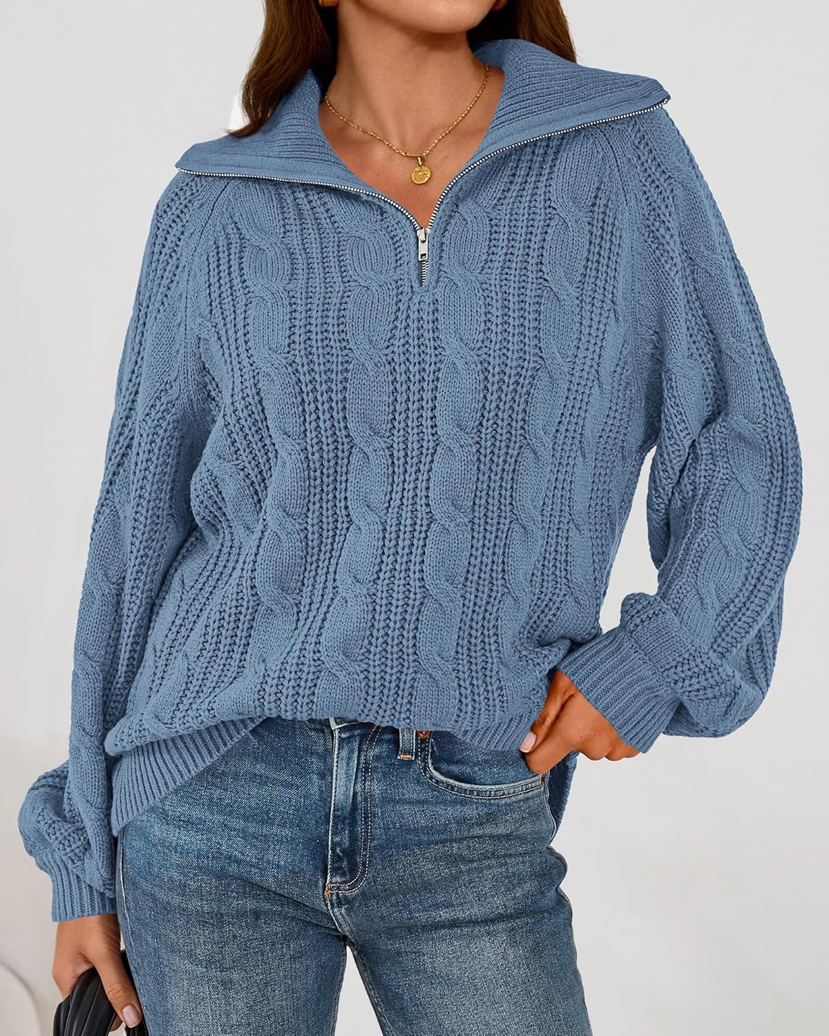 BTFBM Sweaters for Women Fall Fashion 2025 Loose Quarter Zip Pullover Collared Long Sleeve Cable Knit Winter Clothes - Image 8