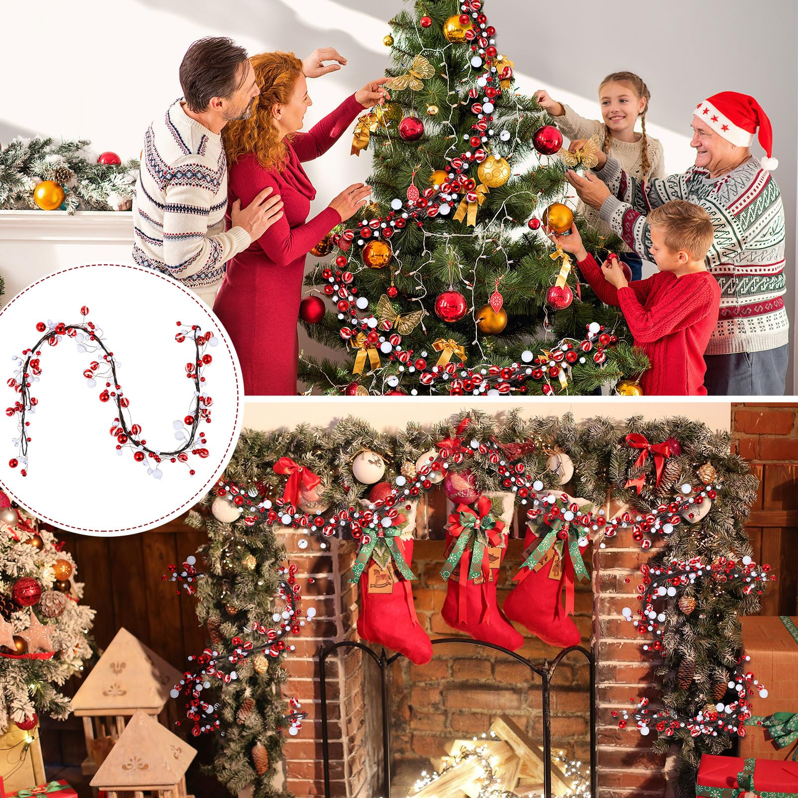 WILLBOND Guirlande de boules de Noël à suspendre pour sapin de Noël, cheminée, couronne de 3,7 m, rouge et blanc