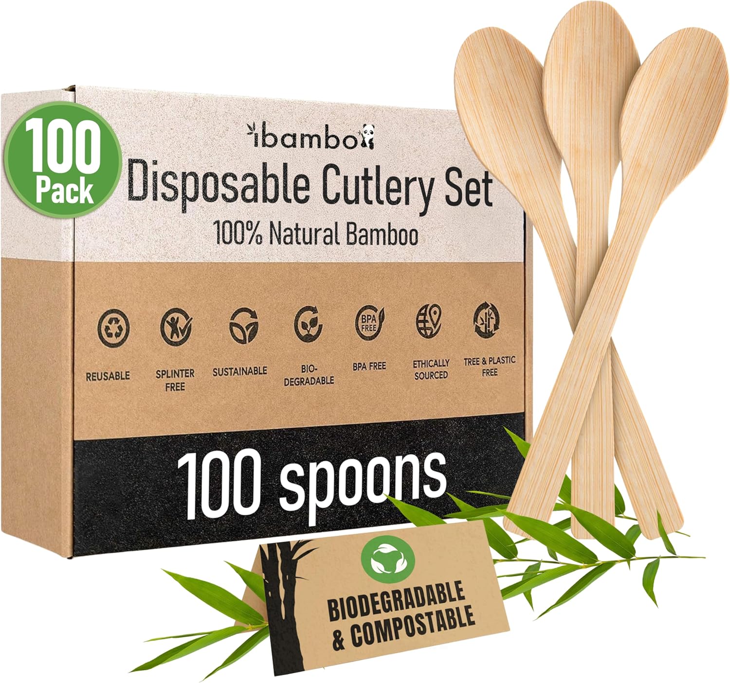 Ibambo 100% Bamboo Spoons Set – Biodegradable Silverware (100 Small Bamboo Spoons) | Reusable or Disposable Party Cutlery | Compostable FSC Certified Flatware for Weddings, Camping, Parties