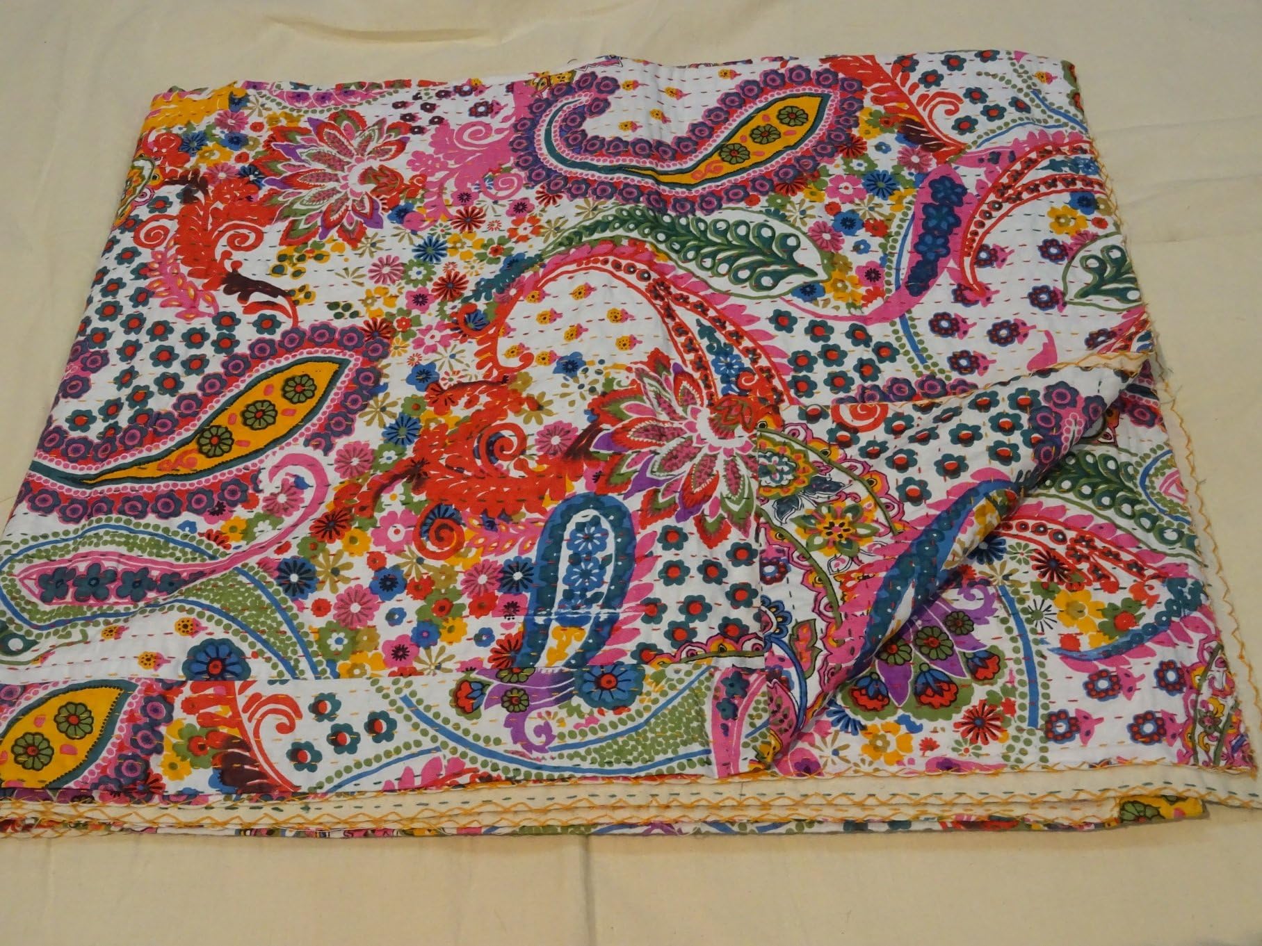 Tribal Asian Textiles Multicolor Paisley Print King Size Kantha Quilt, Kantha Blanket, Bed Cover, King Kantha bedspread, Bohemian Bedding Kantha Size 90 Inch x 108 Inch 010