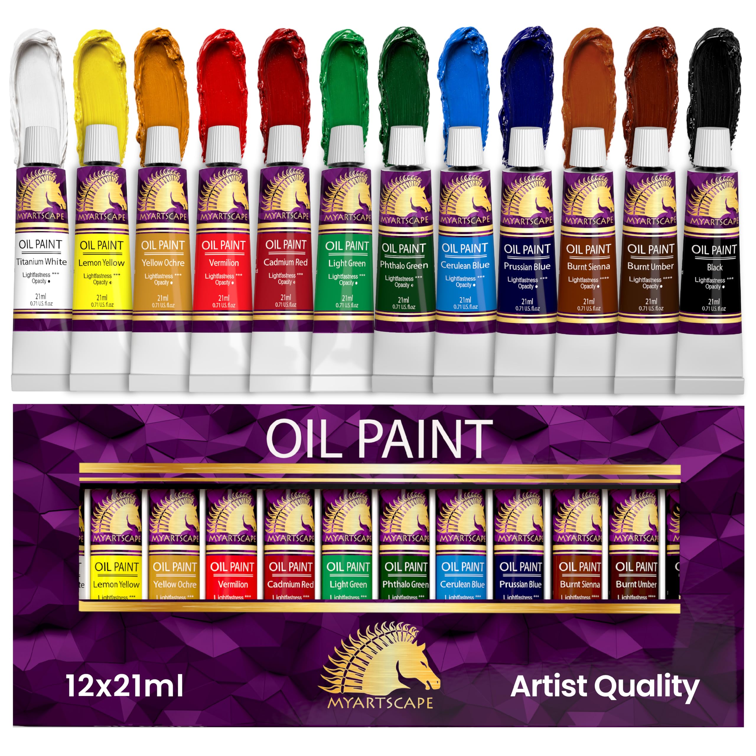 Professional Vibrant Artist Oil Paint Set Rich Pigmented 21ml 12 Tubes