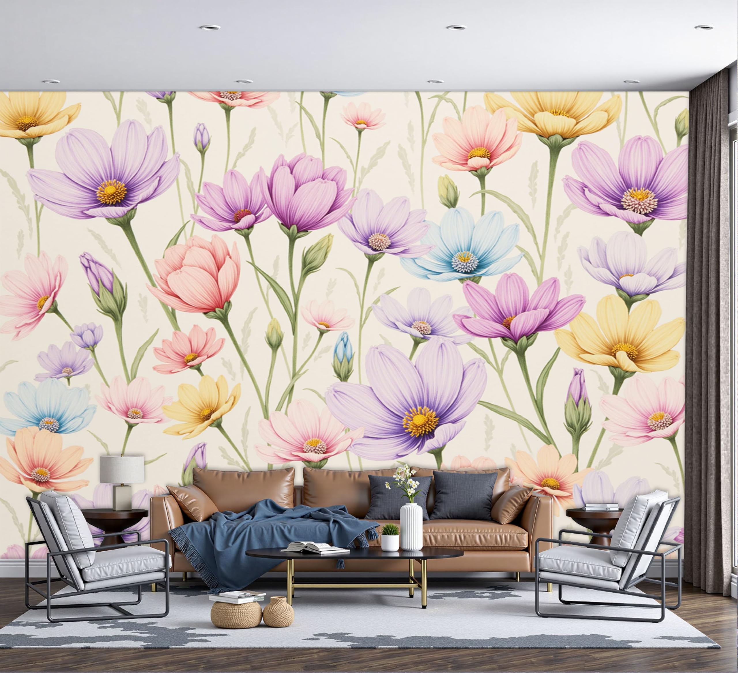 Papier Peint Panoramique Fleurs Sauvages : Camoufler un Mur Terne - Poster Mural Salon 300x210