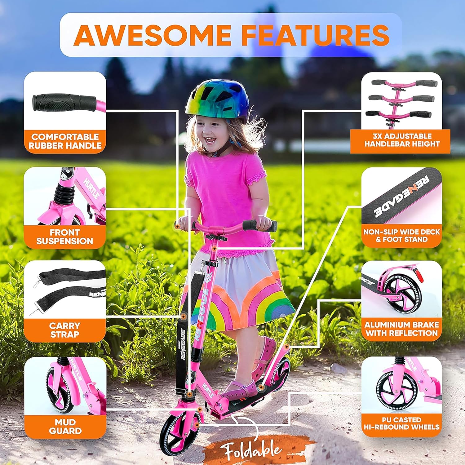 Hurtle Renegade Kick Scooter for Kids, Teenagers & Adults - 2-Wheel Folding Scooter with Adjustable T-Bar Handlebar - Alloy Anti-Slip Deck - Image 2