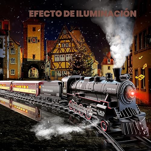 Miniatura 6 de Hot Bee Juego de tren para niños, juegos de tren de aleación a control remoto con locomotora de vapor, autos y pistas iluminados, juego de trenes