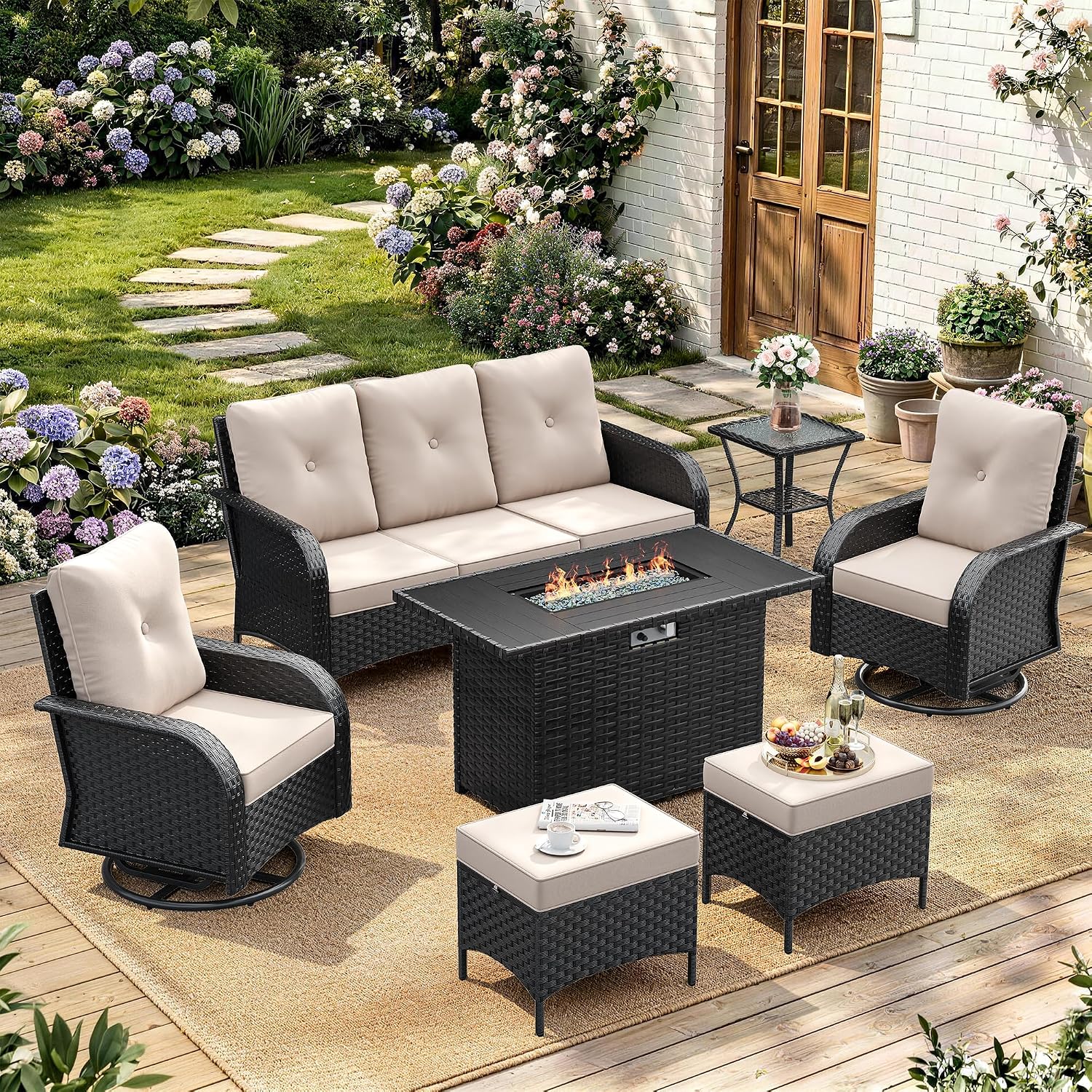7 Pieces Patio Furniture Set with Fire Pit Table Swivel Rocker Chairs Sets