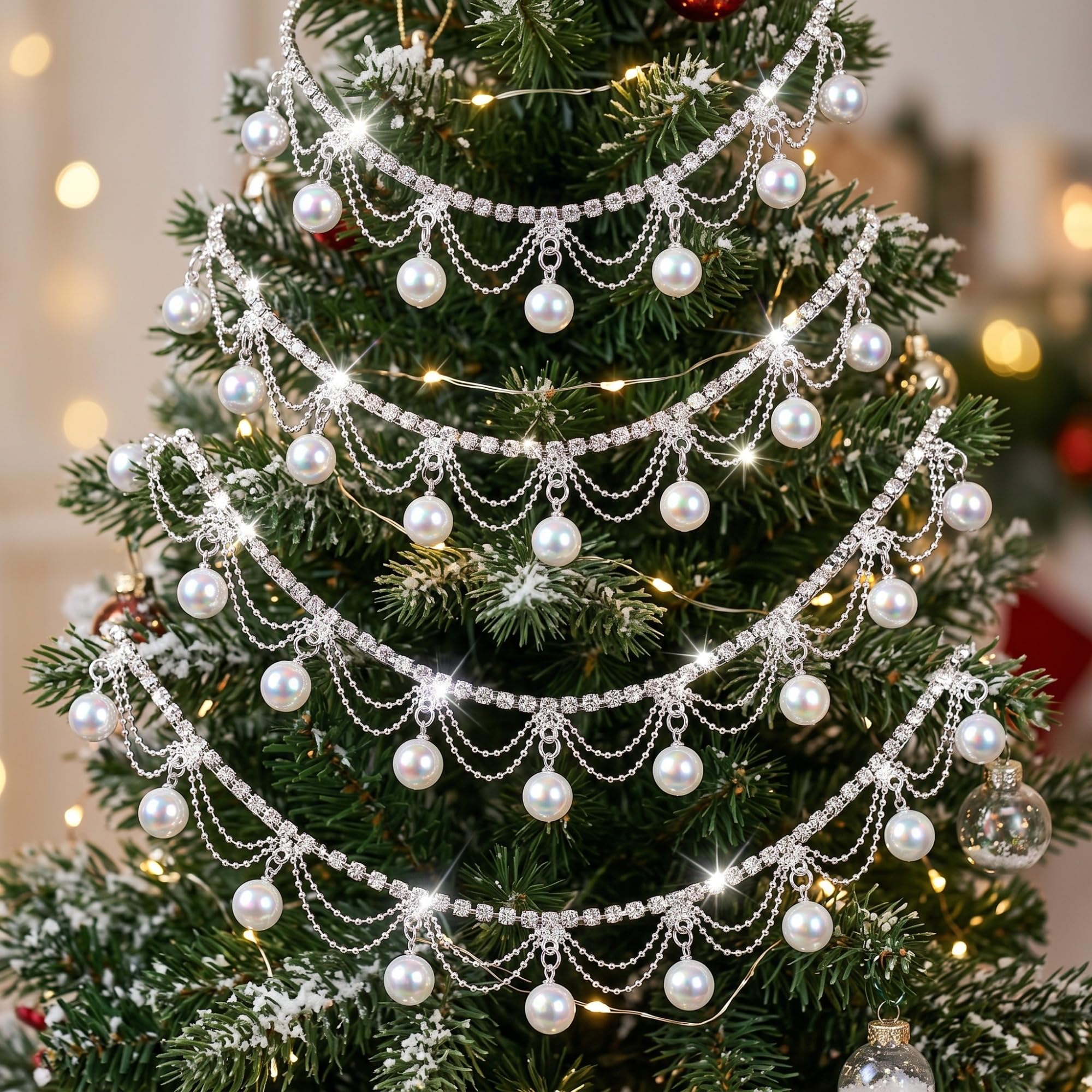 Yookeer Guirlande de Noël avec perles et strass - Arbre de 0,9 m | Guirlande de sapin de Noël, guirlande en plastique blanc argenté, pour cheminée, escalier, cheminée, intérieur et vacances