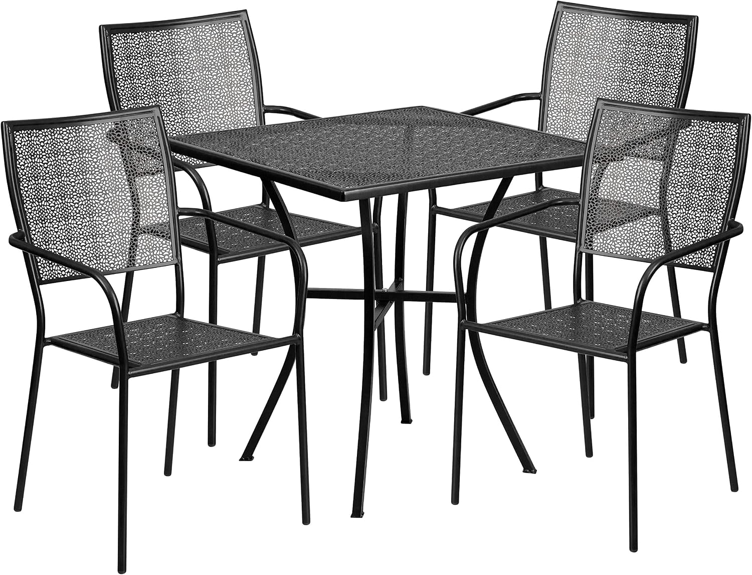 Flash Furniture Oia Commercial Grade 28" Square Black Indoor-Outdoor Steel Patio Table Set with 4 Square Back Chairs