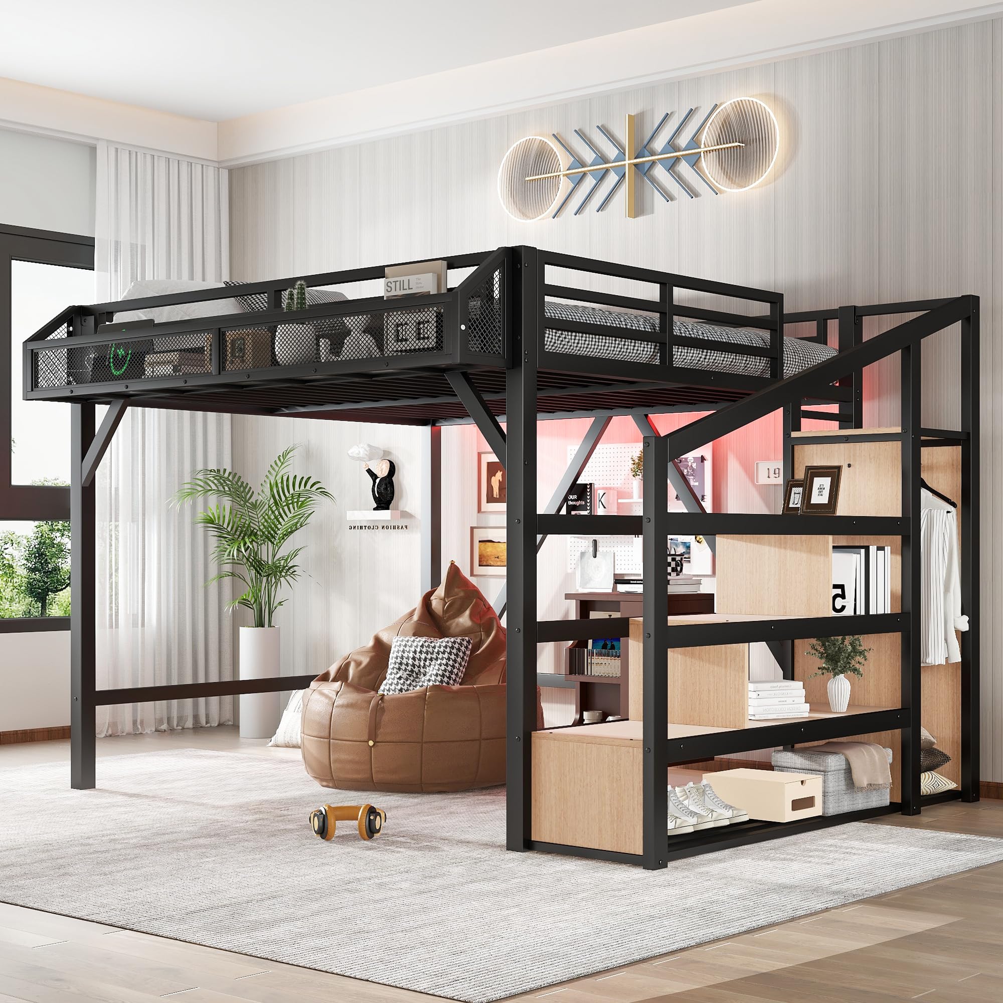 Bellemave Queen Loft Bed with Storage Stairs, Shelves & Wardrobe, Metal Queen Size Loft Bed Frame with USB Ports and LED Lights, Heavy Duty Loft Bed