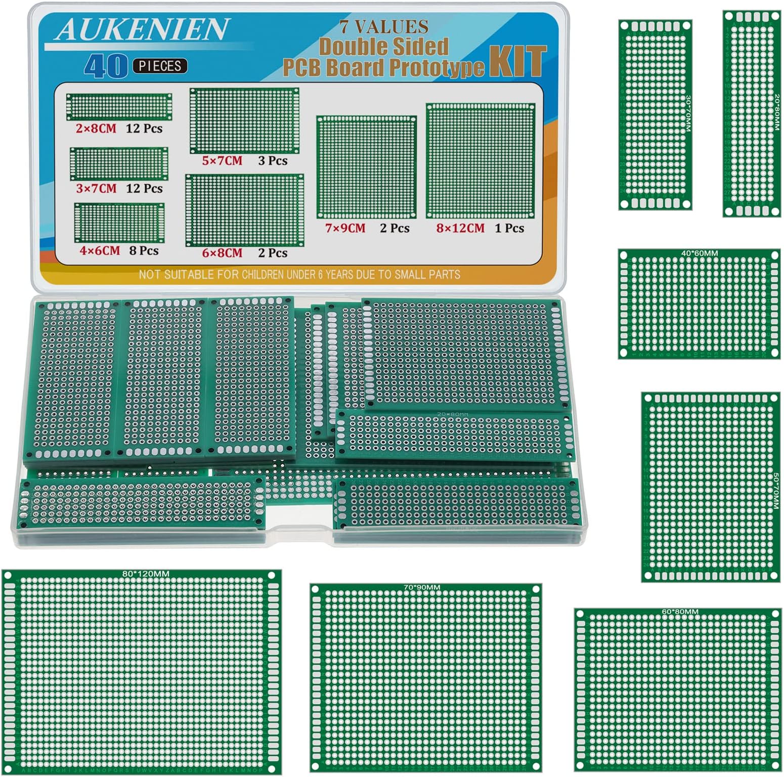 AUKENIEN 7 Values 40pcs PCB Board 2x8 3x7 4x6 5x7 6x8 7x9 8x12 Double Sided PCB Prototype Circuit Boards Kit Compatible with Arduino Kits for DIY Soldering and Electronic Project