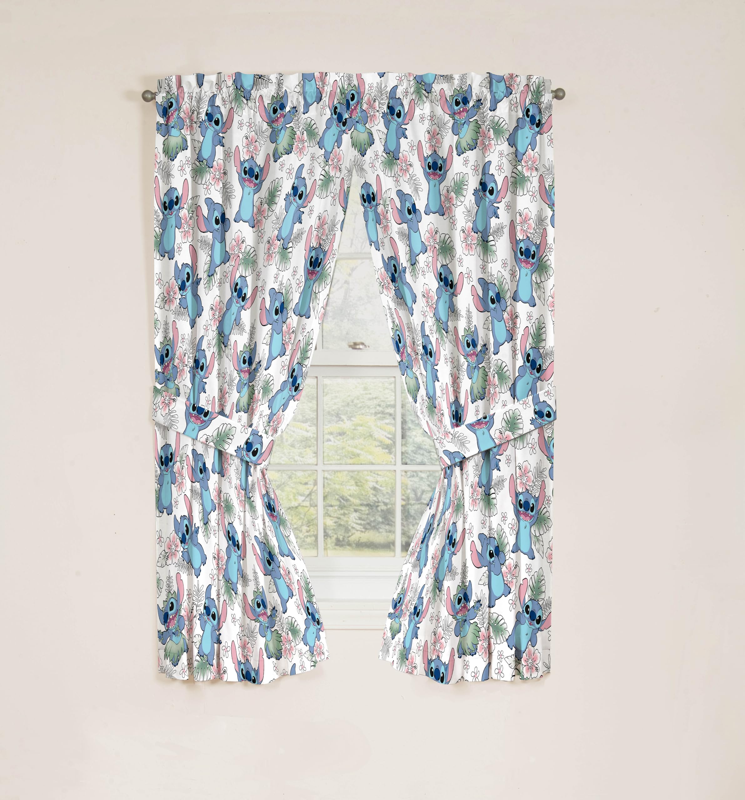 Jay Franco Fenstervorhänge für Kinderzimmer, 4-teiliges Drapier-Set mit 2 Raffhaltern, mehrfarbig – Lilo & Stitch, 106,7 cm B x 160 cm L (2 Stück)