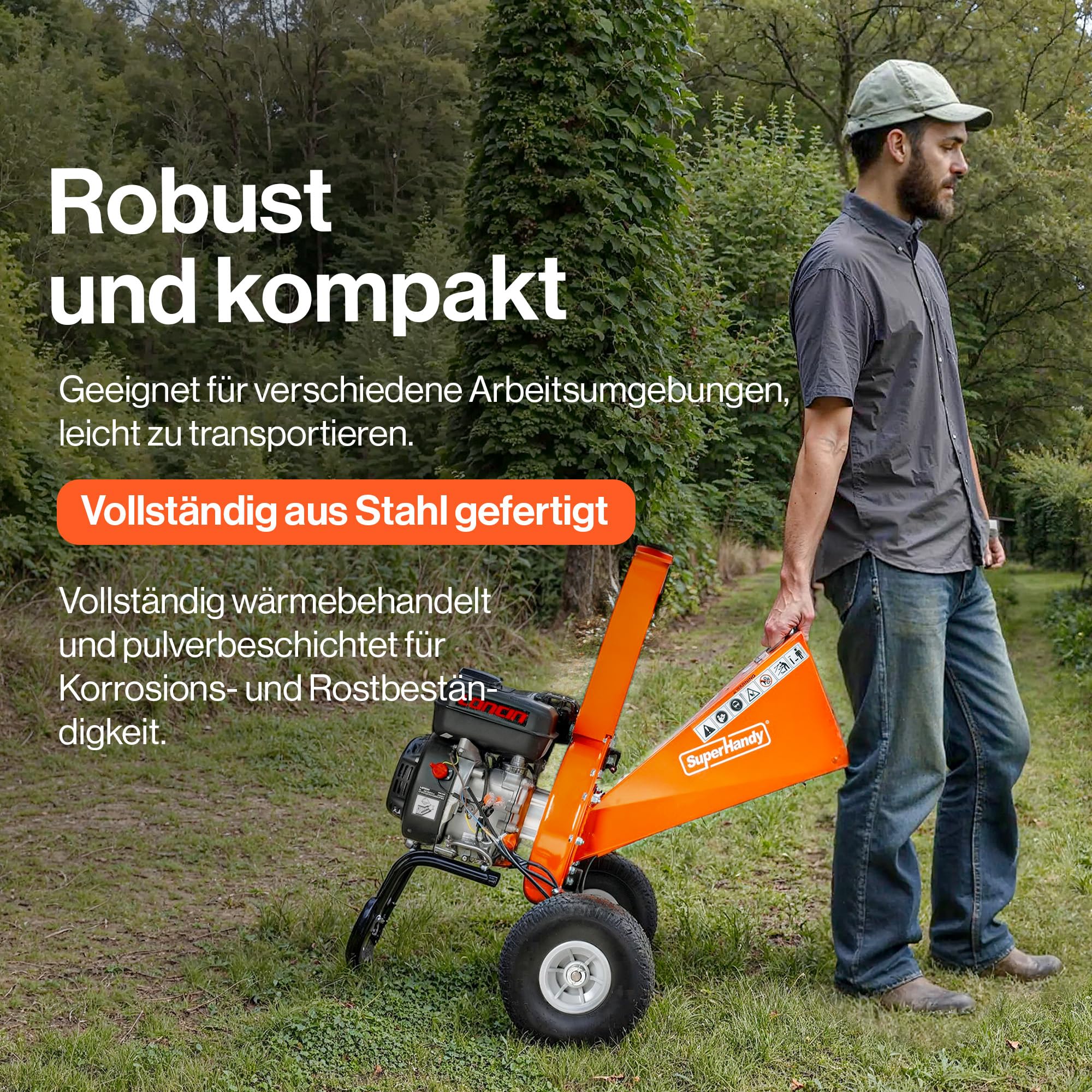 SuperHandy Mini-Holzhäcksler, 196 cm³, kompakt, Äste bis 50 mm | Robuste Stahlkonstruktion; hoher Auswurfschacht mit verstellbarer Führung für präzisen Materialauswur