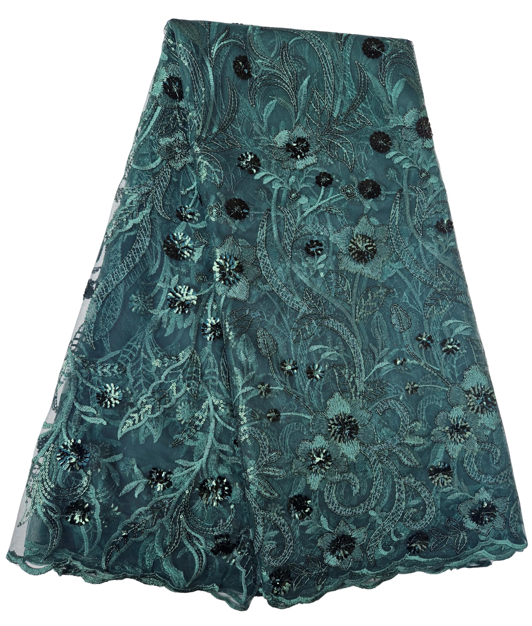 5yards Elegant French African Floral Embroidered Sequins Tulle Lace Fabric for Dressmaking, African Bridal Wedding, Party, Nigerian Lace Material, (Green)