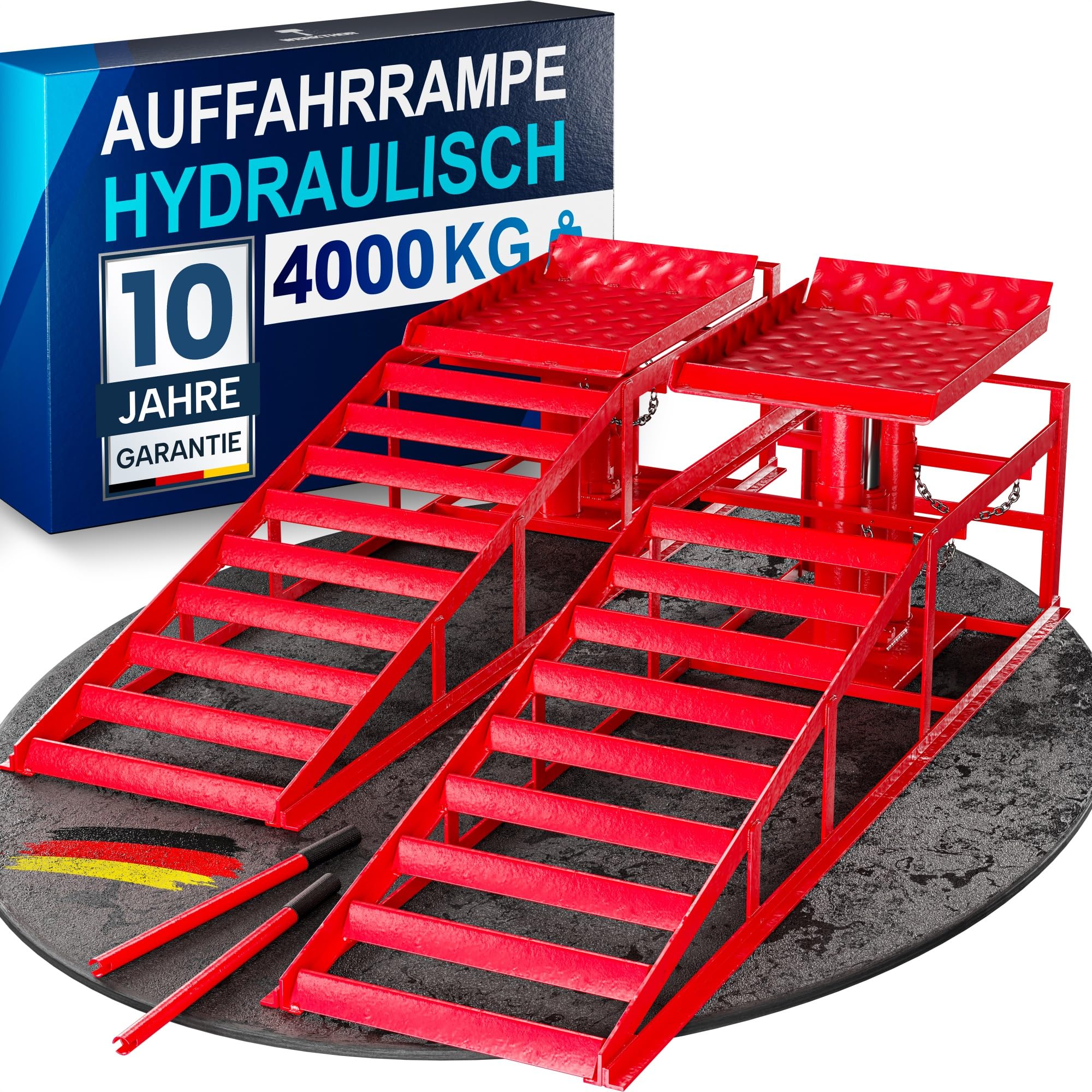 WERKTHOR Rampa idraulica per auto (Set da 2 Rosso) – rampa di carico con valvola di sicurezza/sovrapressione [<4T] – rampa regolabile in altezza auto – ponte sollevatore auto
