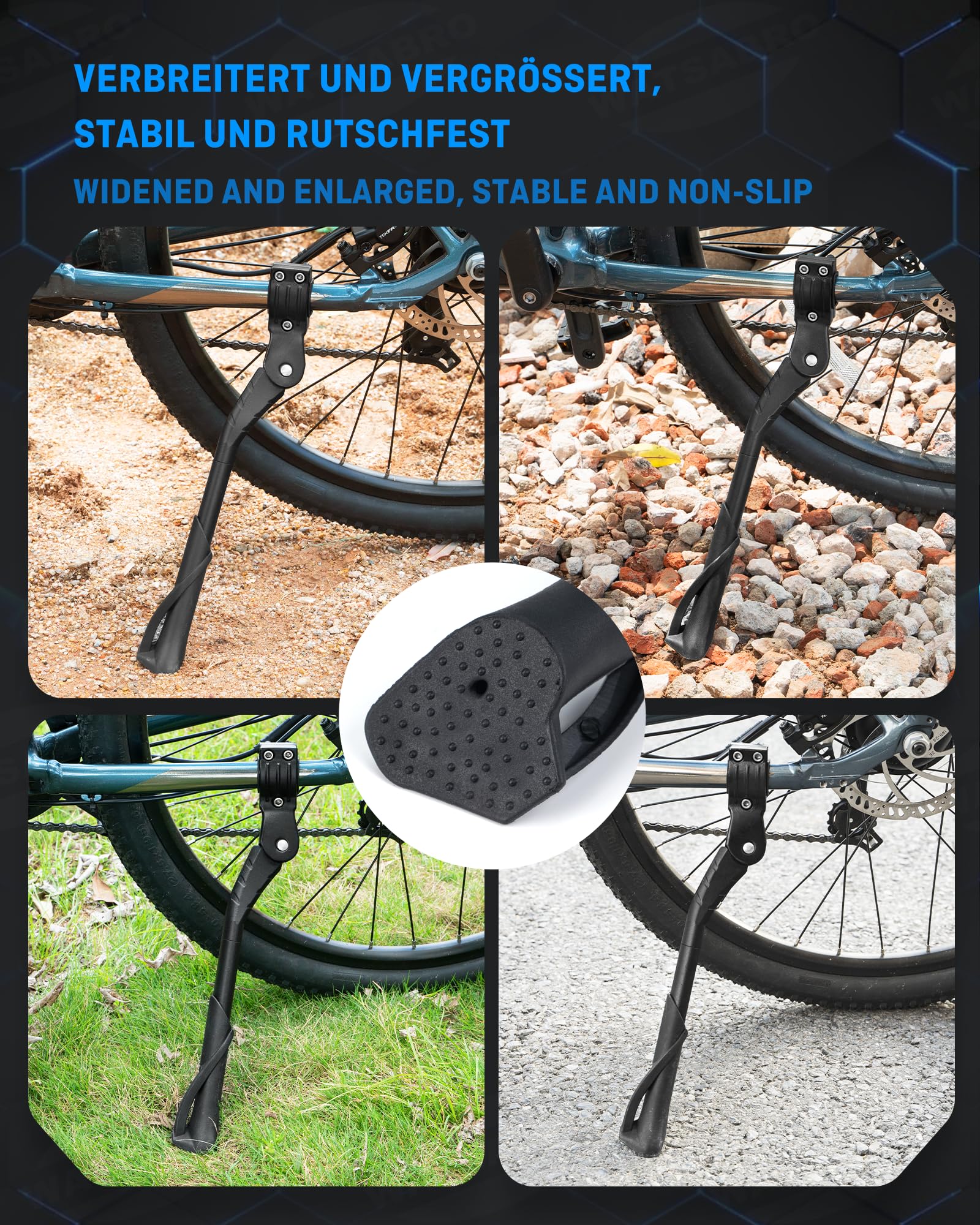 WATSABRO Fietsstandaard, 24-29 inch, in hoogte verstelbare fietsstandaard, gestippelde rubberen antislipvoeten, maximale belasting 35 kg, zijstandaard geschikt voor stadsfietsen, mountainbikes, VTT