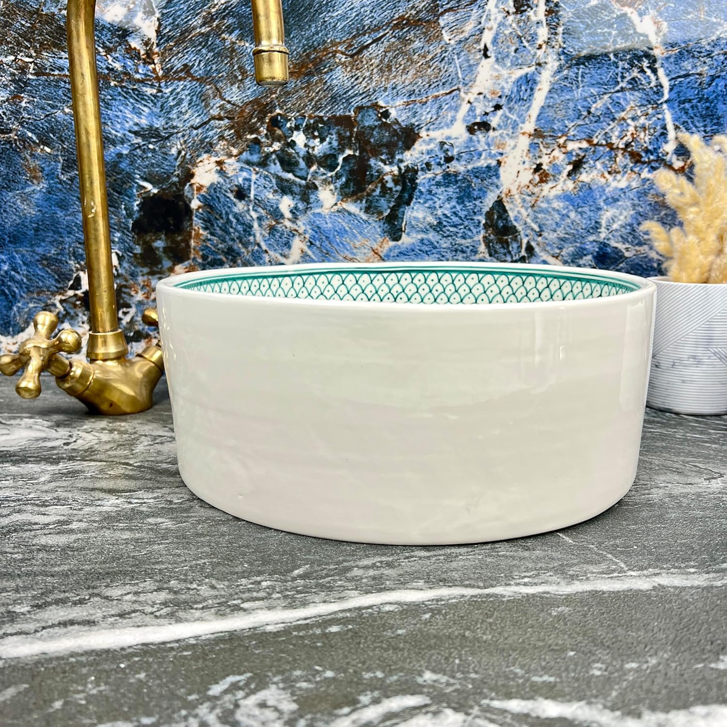 Hand-Painted Ceramic Vessel Sink - Round Countertop Bathroom Basin - Artisan Moroccan Style Geometric Design (Red, 8in = 20cm)