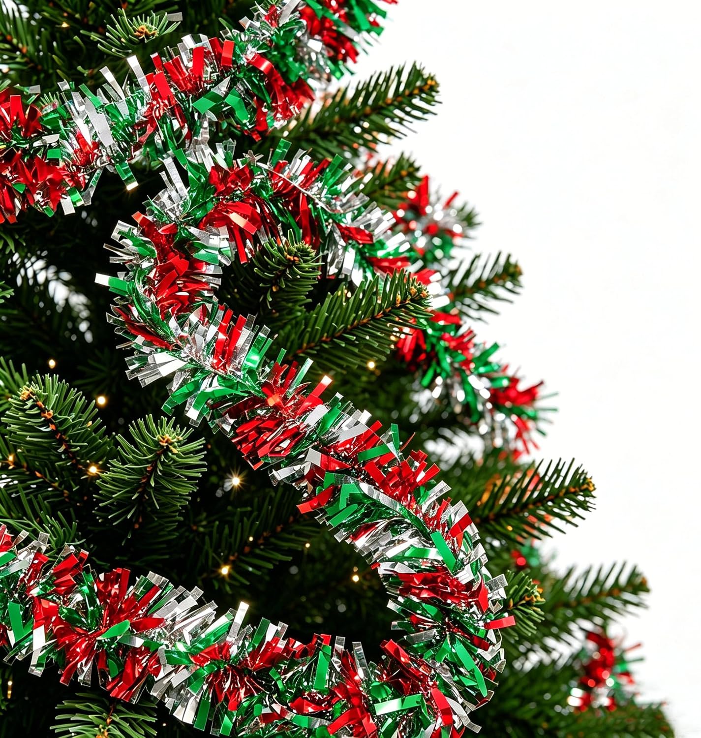 33Ft Christmas Tinsel Garland Xmas Tree Decorations Shiny Thick Metallic Twist Garlands Ceiling Hanging Birthday Streamers for New Year Party Indoor Outdoor Decor Supplies-Red Green Silver
