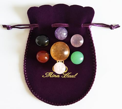 Miniatura 5 de Juego de 7 bolas de cristal de chakra natural, calcita amarilla, obsidiana negra, cuarzo rosa, cuarzo transparente, aventurina verde, amatista y
