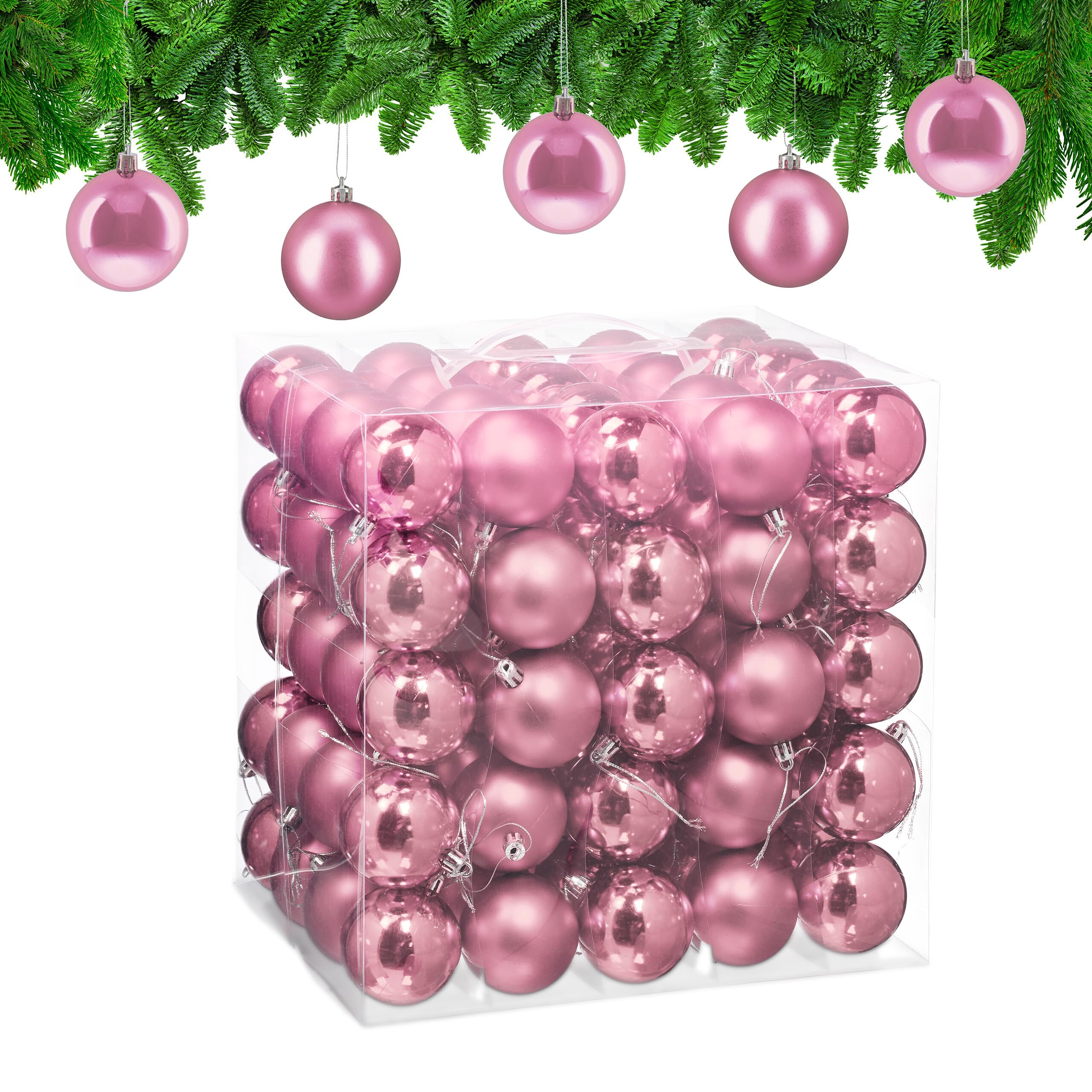 Relaxdays Bolas Árbol Navidad, Set 100, Plástico, Diseño en Mate y Brillante, 6 cm, Decoración, Adornos Navideños, Rosa