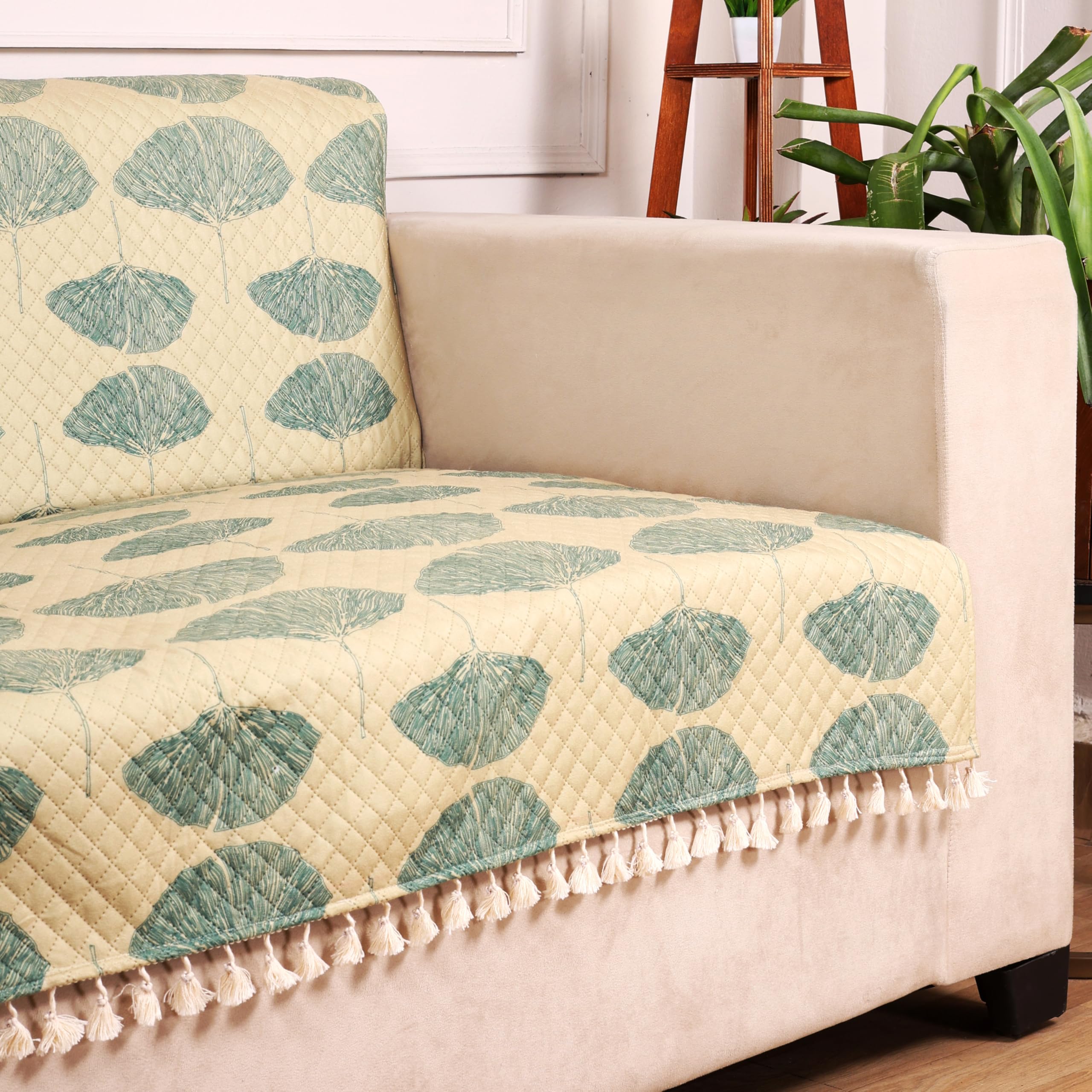 STITCHNEST Quilted Velvet Sofa Cover with Tassels – 48x60 Inch, Multicolor Pastel Geometric Design, Soft & Luxurious, Washable Sofa Protector for 2-Seater