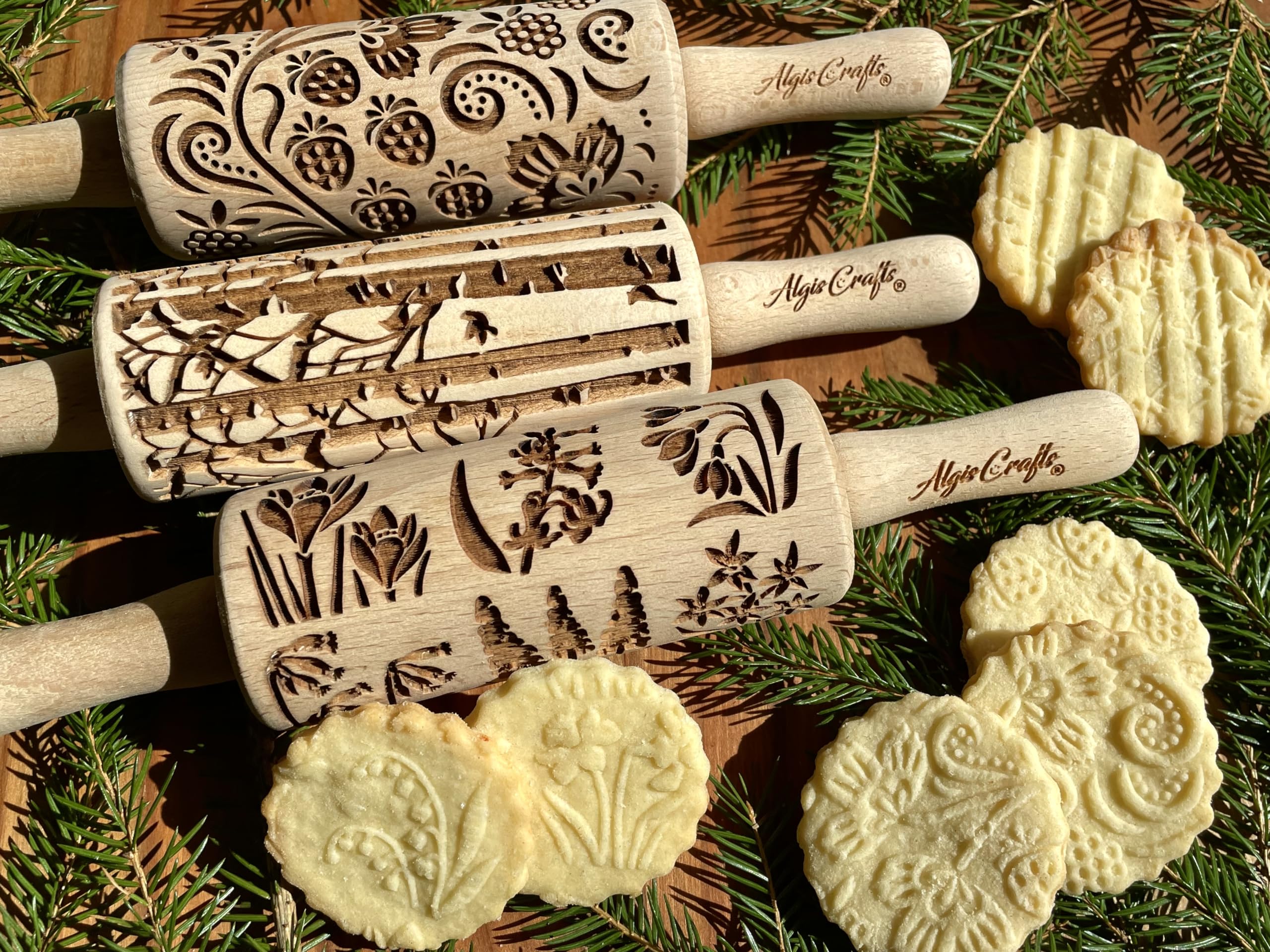 Seasons 3 Mini Embossed Rolling Pin Set. Wooden Laser Cut Mini Rolling Pins for Cookies or Clay with Spring Flowers Tulips