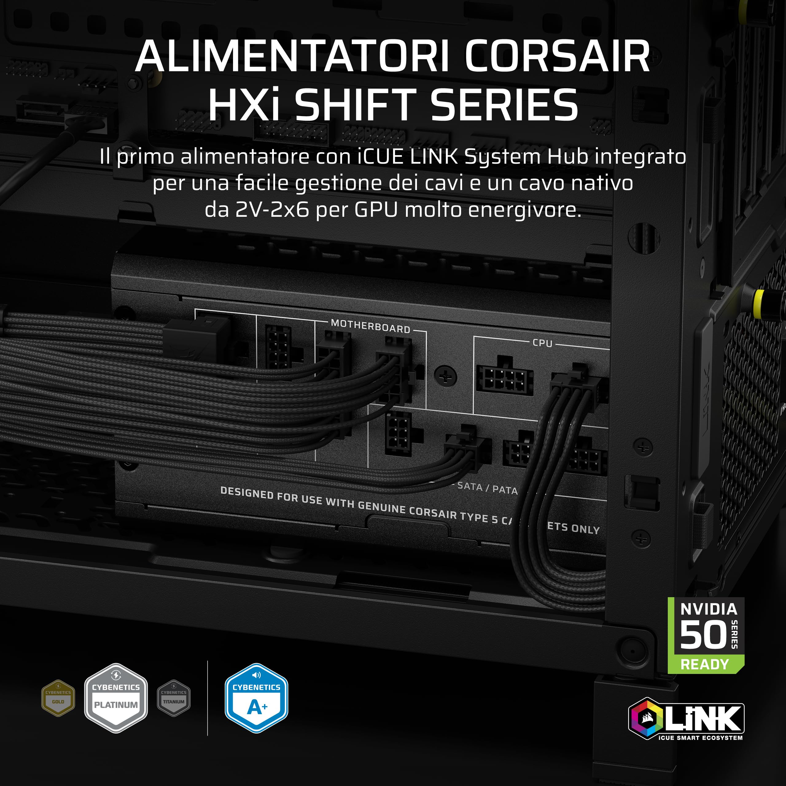 CORSAIR HX1000i SHIFT Alimentatore ATX completamente modulare – Nero | Hub di sistema iCUE LINK integrato, cavo nativo 12 V 2x6, ATX 3.1 e PCIe 5.1, Cybenetics Platinum