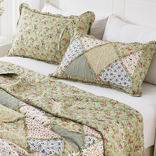 Miniatura 5 de VIVILINEN Juego de edredón de retazos florales azules, tamaño matrimonial, juego de ropa de cama de 3 piezas con 2 fundas de almohada