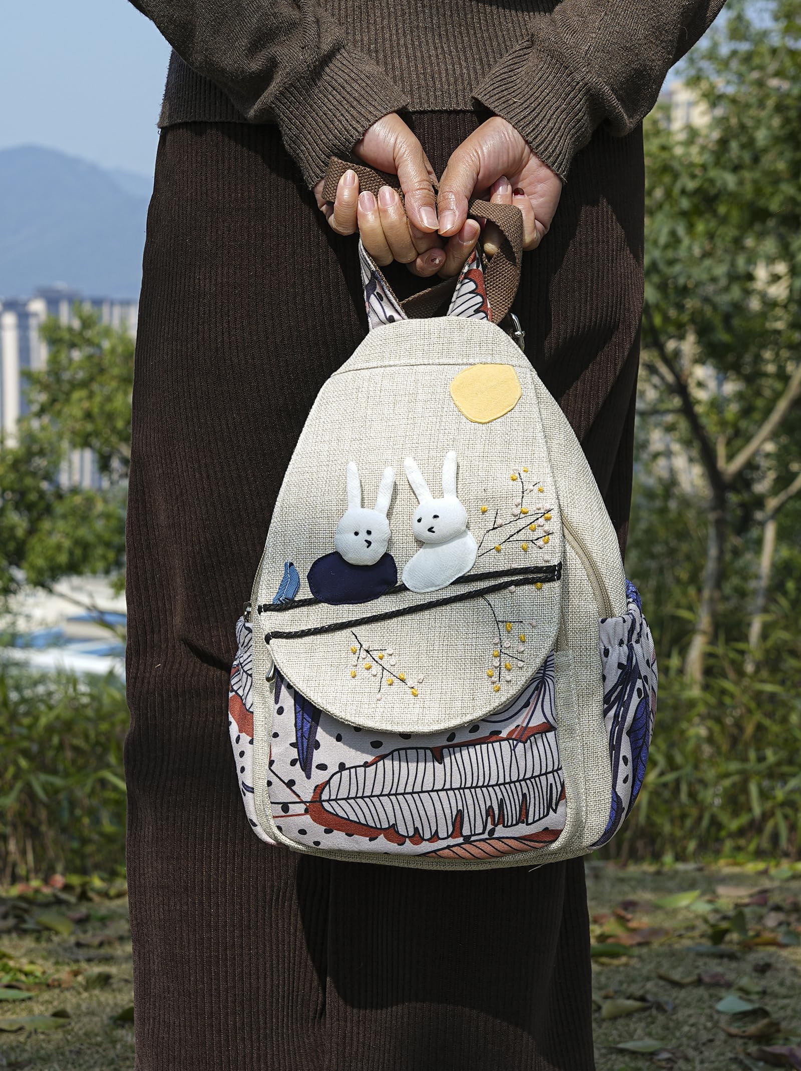Bolso tipo mochila para mujer, estilo bohemio, convertible, pequeño, con diseño de hongos y tejido, hippie, Amarillo, Medium and small size, Mochilas de mochila